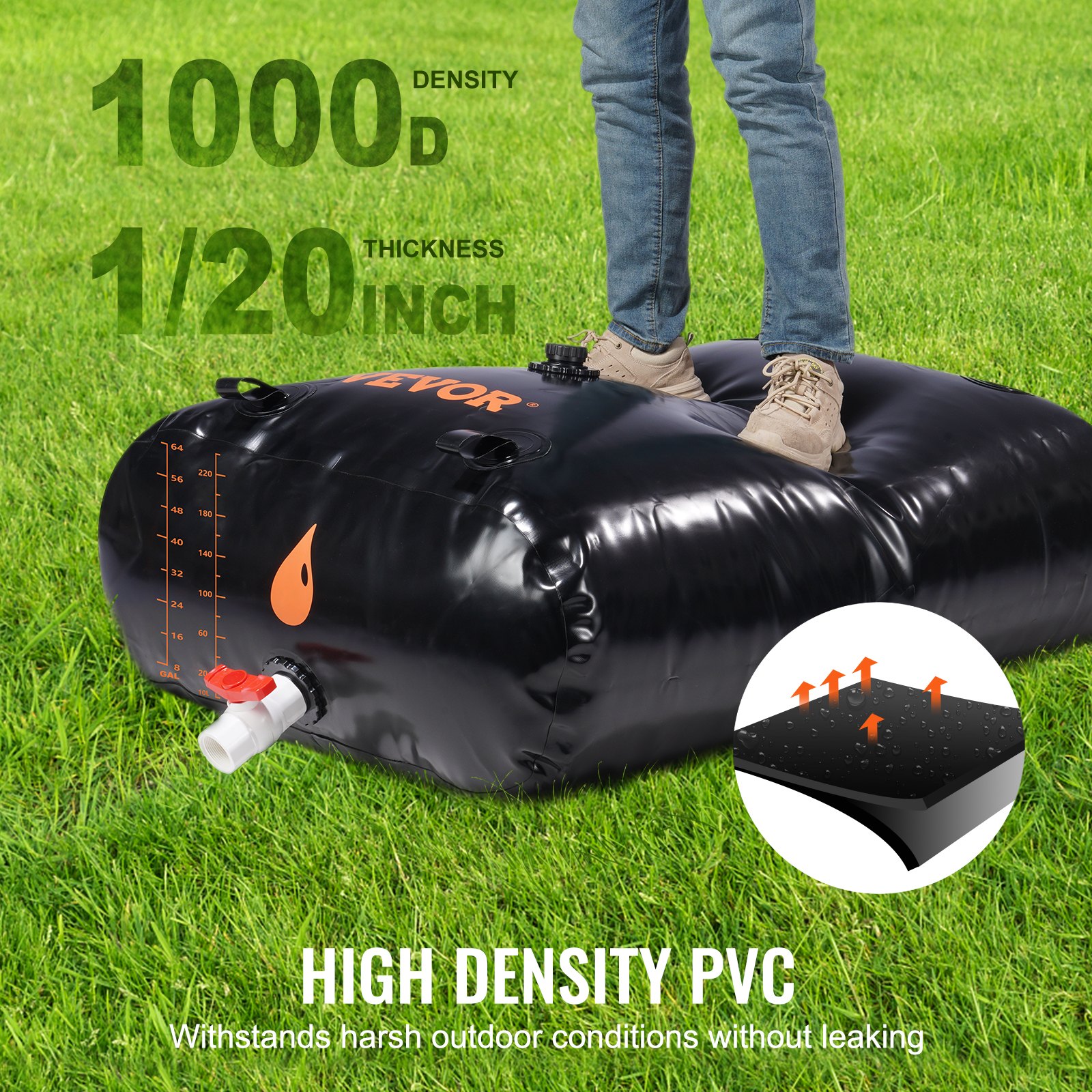 VEVOR Water Tank Bladder, 143 Gallon Large Capacity, PVC Collapsible Water Bladder Including Spigots and Overflow Kit, Portable Water Storage Bladder for Garden Water Catcher, Black