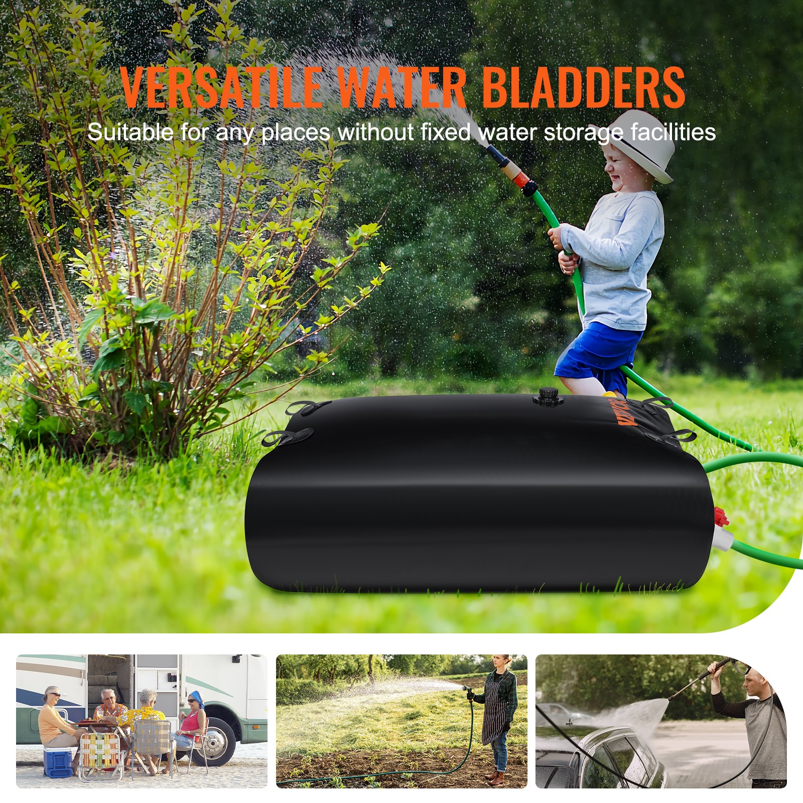VEVOR Water Tank Bladder, 143 Gallon Large Capacity, PVC Collapsible Water Bladder Including Spigots and Overflow Kit, Portable Water Storage Bladder for Garden Water Catcher, Black