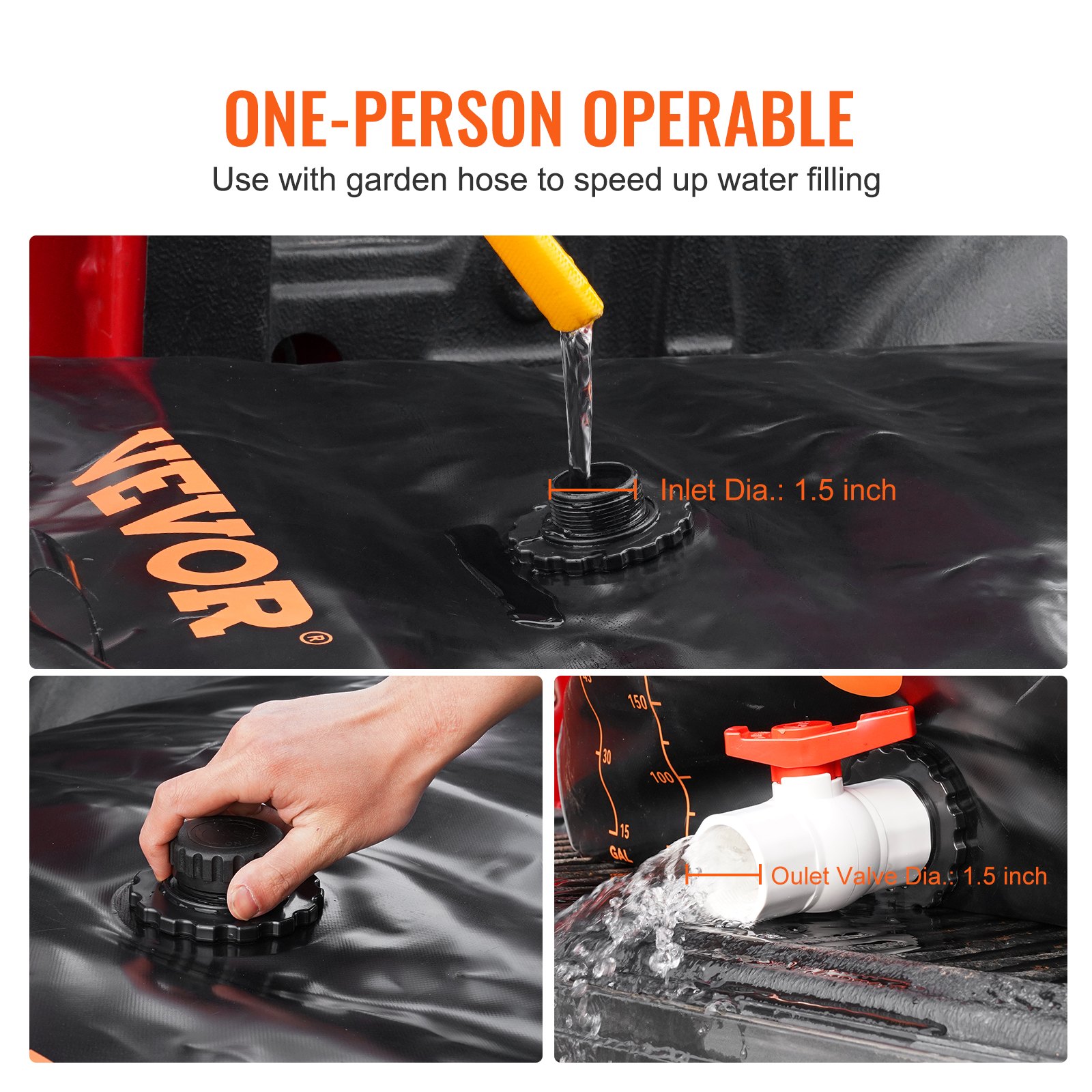 VEVOR Water Tank Bladder, 143 Gallon Large Capacity, PVC Collapsible Water Bladder Including Spigots and Overflow Kit, Portable Water Storage Bladder for Garden Water Catcher, Black
