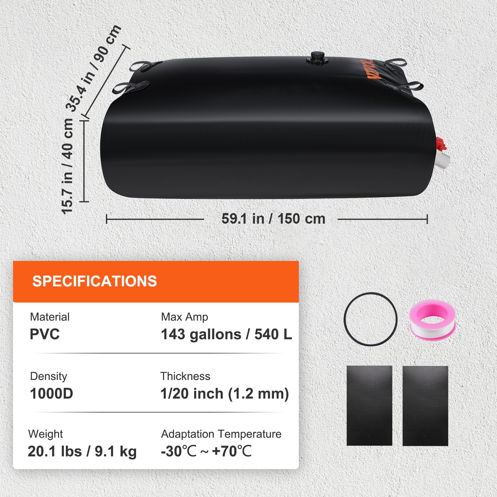 VEVOR Water Tank Bladder, 143 Gallon Large Capacity, PVC Collapsible Water Bladder Including Spigots and Overflow Kit, Portable Water Storage Bladder for Garden Water Catcher, Black