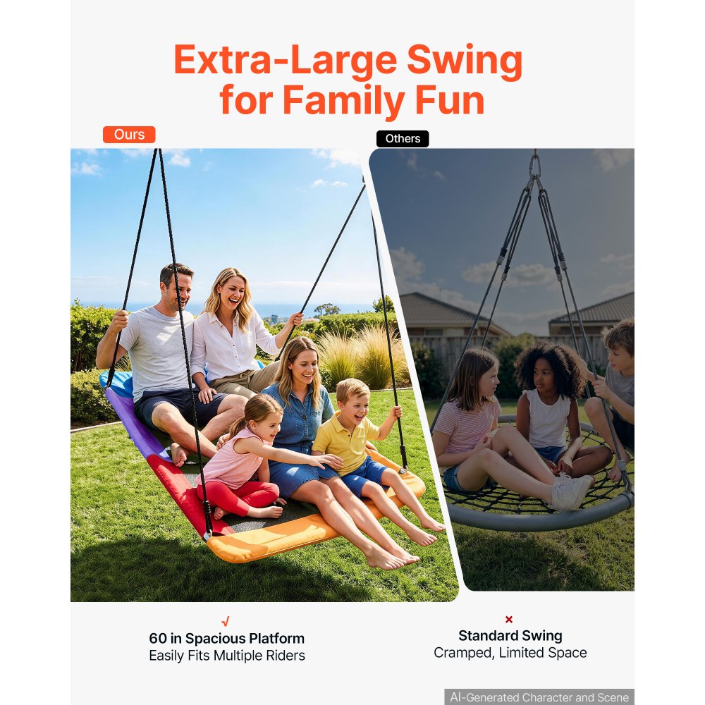 VEVOR Platform Tree Swing for Kids and Adults 317 kg 149 cm Giant Rectangle, for Backyard Outdoor & Indoor, 900D Oxford Fabric Swing Seat with 2 Hanging Straps, Adjustable Ropes and Curved Edge Design