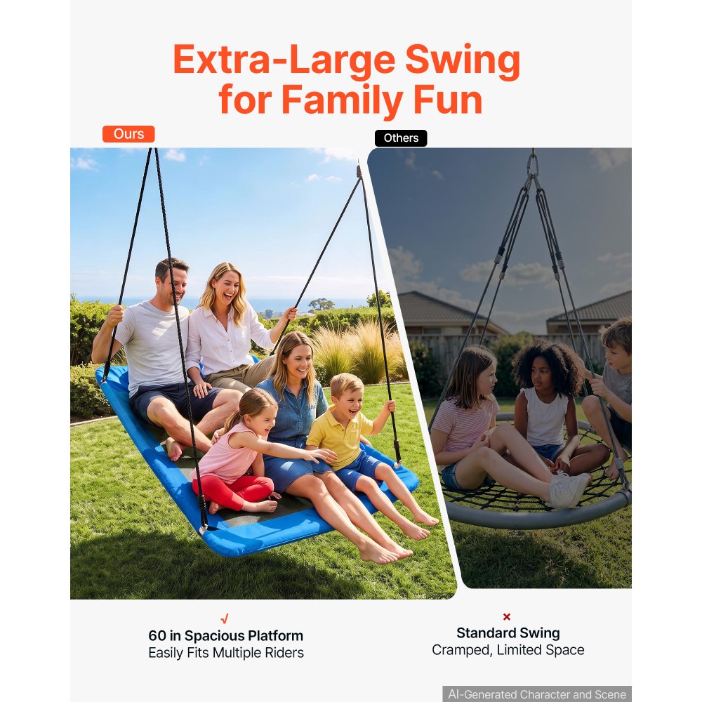 VEVOR Platform Tree Swing for Kids and Adults 317 kg 149 cm Rectangle Blue, for Backyard Outdoor & Indoor, 900D Oxford Fabric Giant Seat with 2 Hanging Straps, Adjustable Ropes and Curved Edge Design