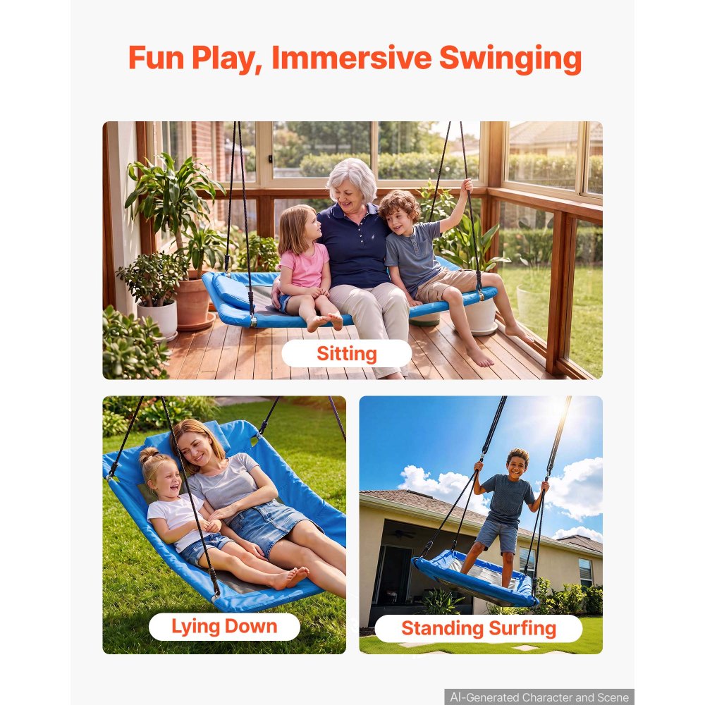 VEVOR Platform Tree Swing for Kids and Adults 317 kg 149 cm Rectangle Blue, for Backyard Outdoor & Indoor, 900D Oxford Fabric Giant Seat with 2 Hanging Straps, Adjustable Ropes and Curved Edge Design