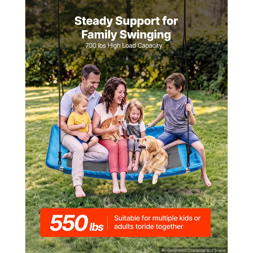 VEVOR Platform Tree Swing for Kids and Adults 317 kg 149 cm Rectangle Blue, for Backyard Outdoor & Indoor, 900D Oxford Fabric Giant Seat with 2 Hanging Straps, Adjustable Ropes and Curved Edge Design