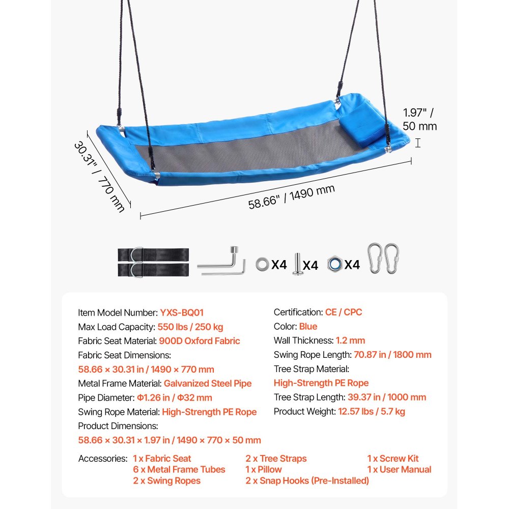 VEVOR Platform Tree Swing for Kids and Adults 317 kg 149 cm Rectangle Blue, for Backyard Outdoor & Indoor, 900D Oxford Fabric Giant Seat with 2 Hanging Straps, Adjustable Ropes and Curved Edge Design