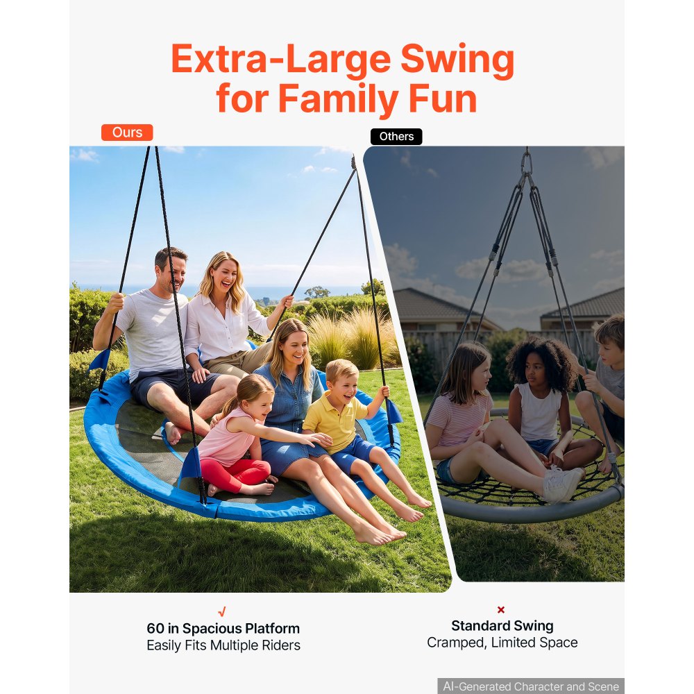 VEVOR Tree Swing 149 cm Saucer Swing for Kids Adults 317 kg Weight Capacity, for Backyard Outdoor & Indoor, 360° Rotation, 900D Oxford Fabric Round Seat with 2 Hanging Straps & Adjustable Ropes, Blue