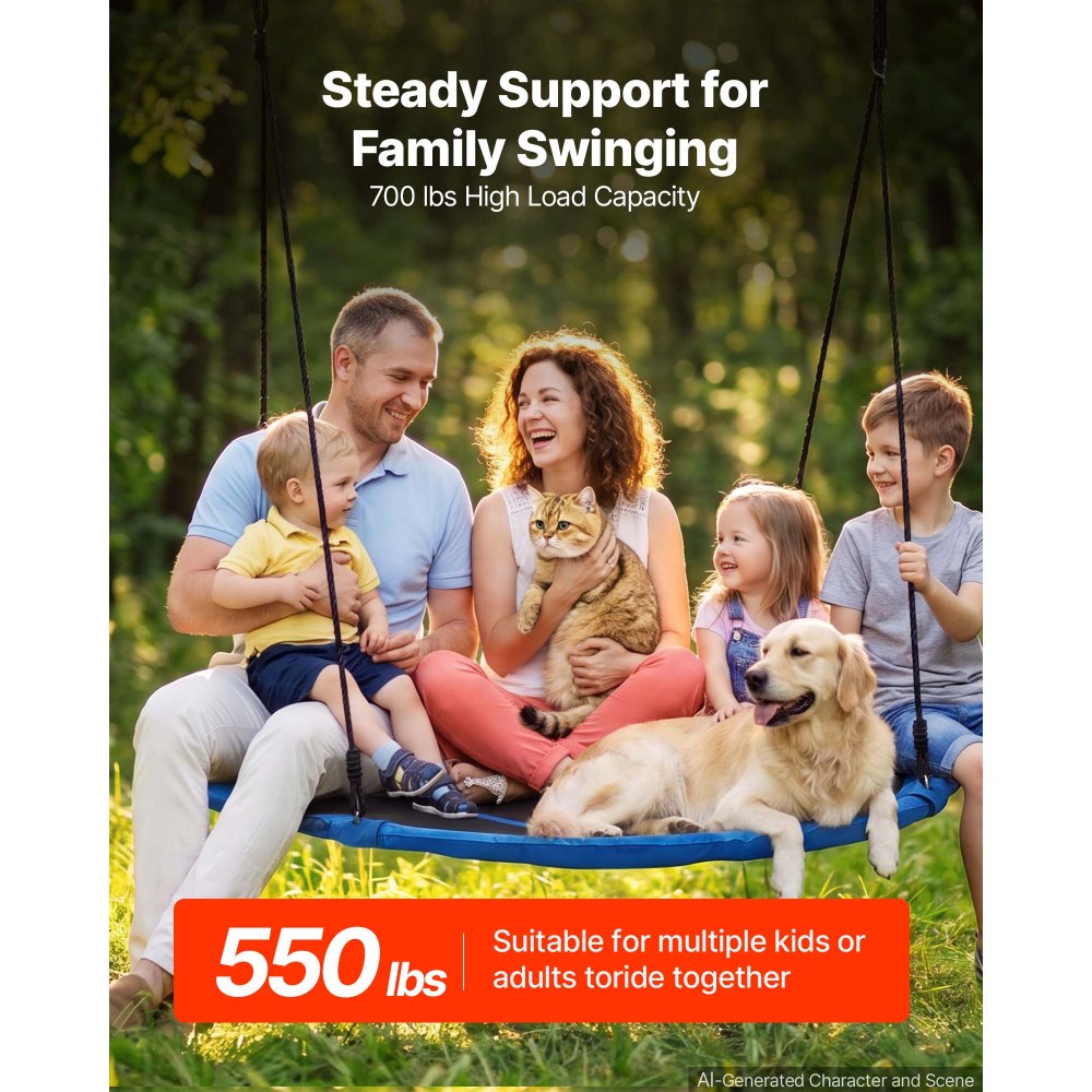 VEVOR Tree Swing 149 cm Saucer Swing for Kids Adults 317 kg Weight Capacity, for Backyard Outdoor & Indoor, 360° Rotation, 900D Oxford Fabric Round Seat with 2 Hanging Straps & Adjustable Ropes, Blue