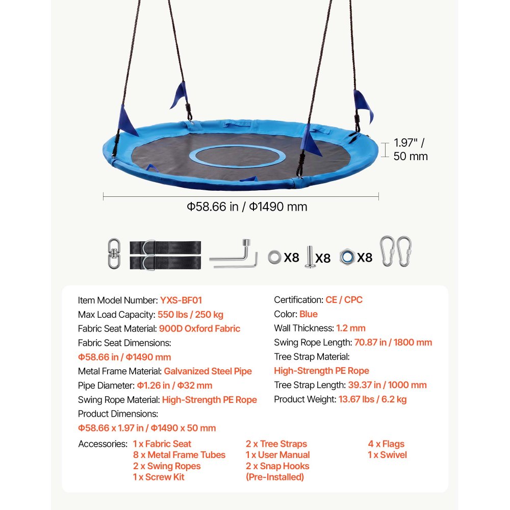 VEVOR Tree Swing 149 cm Saucer Swing for Kids Adults 317 kg Weight Capacity, for Backyard Outdoor & Indoor, 360° Rotation, 900D Oxford Fabric Round Seat with 2 Hanging Straps & Adjustable Ropes, Blue