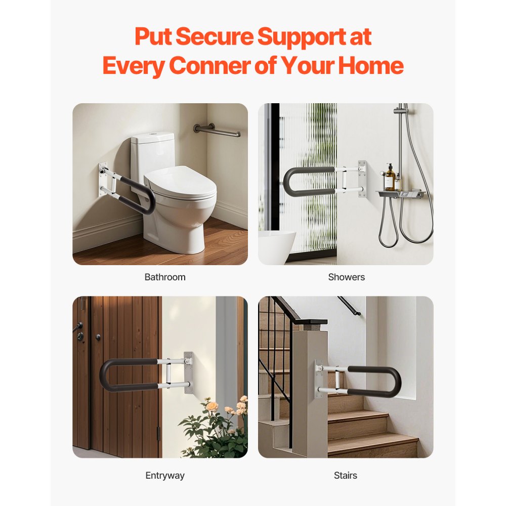 VEVOR Toilet Safety Rail, 23.8 Inch U-Shaped Handicap Grab Bar, Foldable Senior Safety Pole, Flip Up Toilet Grab Bar with Anti-Slip Support Handle, 300 Lb Load Capacity for Elderly, Disabled, Pregnant