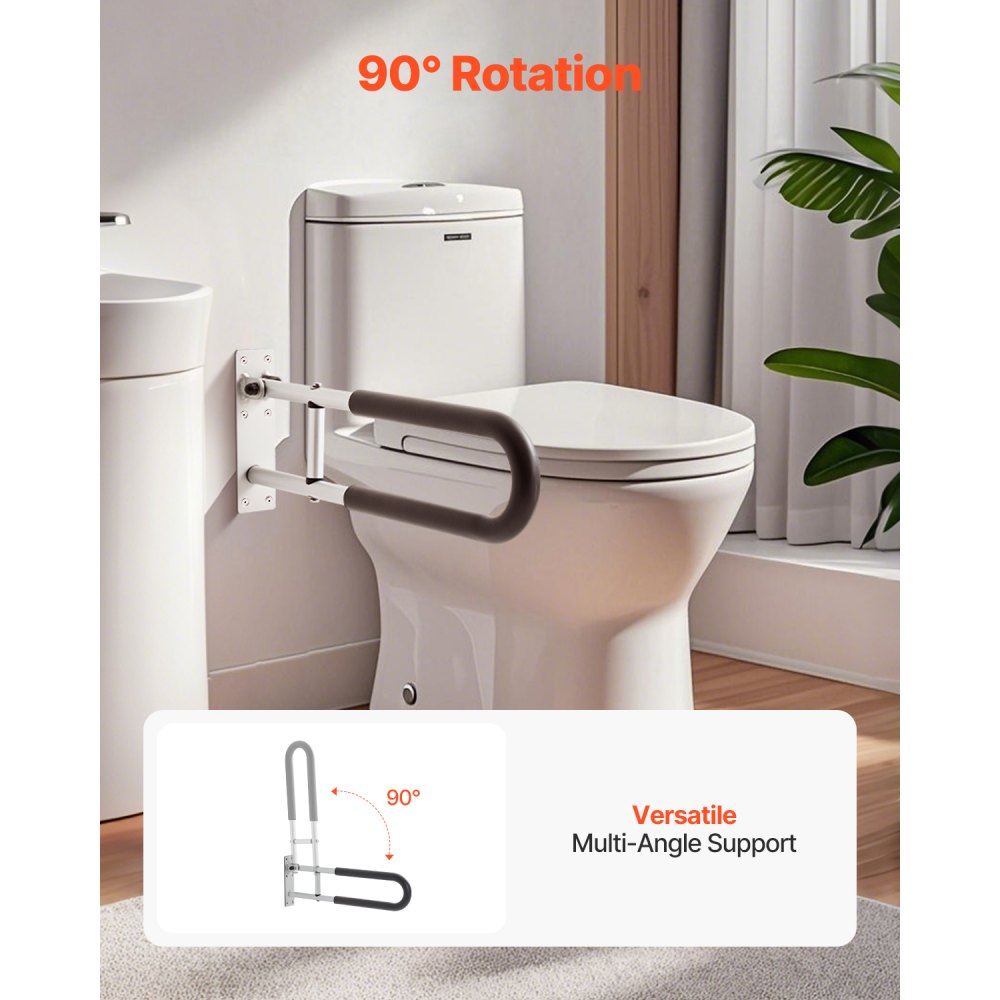 VEVOR Toilet Safety Rail, 23.8 Inch U-Shaped Handicap Grab Bar, Foldable Senior Safety Pole, Flip Up Toilet Grab Bar with Anti-Slip Support Handle, 300 Lb Load Capacity for Elderly, Disabled, Pregnant