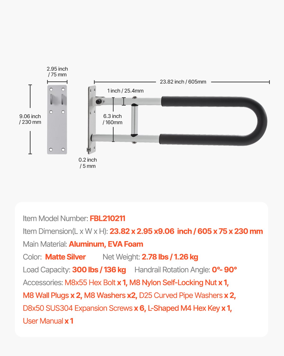 VEVOR Toilet Safety Rail, 23.8 Inch U-Shaped Handicap Grab Bar, Foldable Senior Safety Pole, Flip Up Toilet Grab Bar with Anti-Slip Support Handle, 300 Lb Load Capacity for Elderly, Disabled, Pregnant