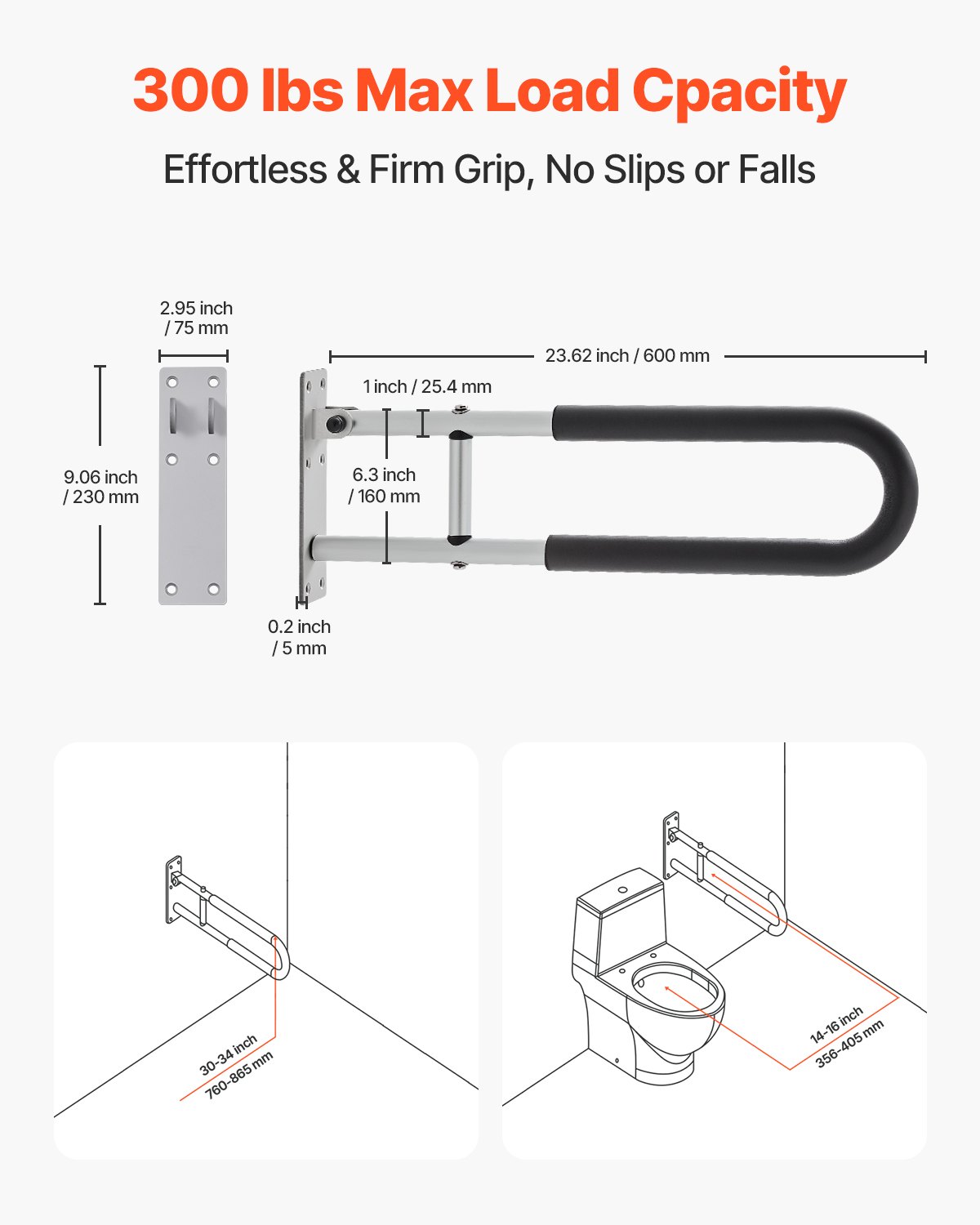 VEVOR Toilet Safety Rail, 23.8 Inch U-Shaped Handicap Grab Bar, Foldable Senior Safety Pole, Flip Up Toilet Grab Bar with Anti-Slip Support Handle, 300 Lb Load Capacity for Elderly, Disabled, Pregnant