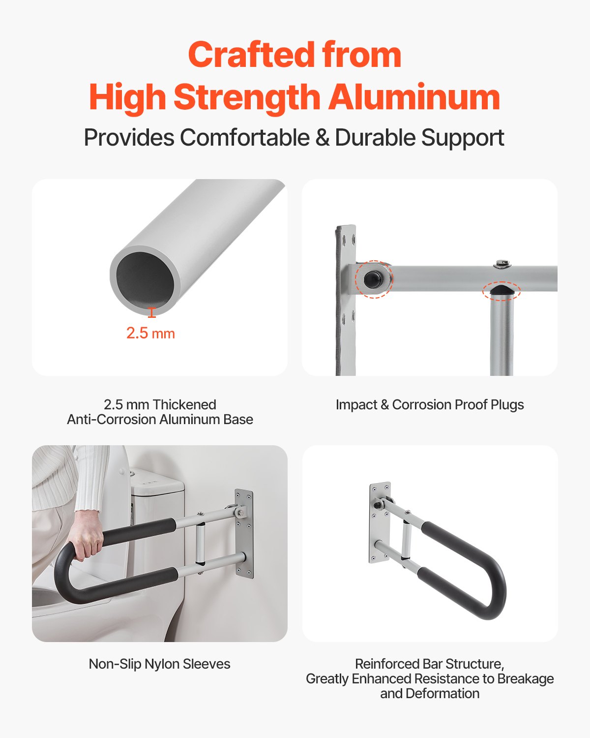 VEVOR Toilet Safety Rail, 23.8 Inch U-Shaped Handicap Grab Bar, Foldable Senior Safety Pole, Flip Up Toilet Grab Bar with Anti-Slip Support Handle, 300 Lb Load Capacity for Elderly, Disabled, Pregnant