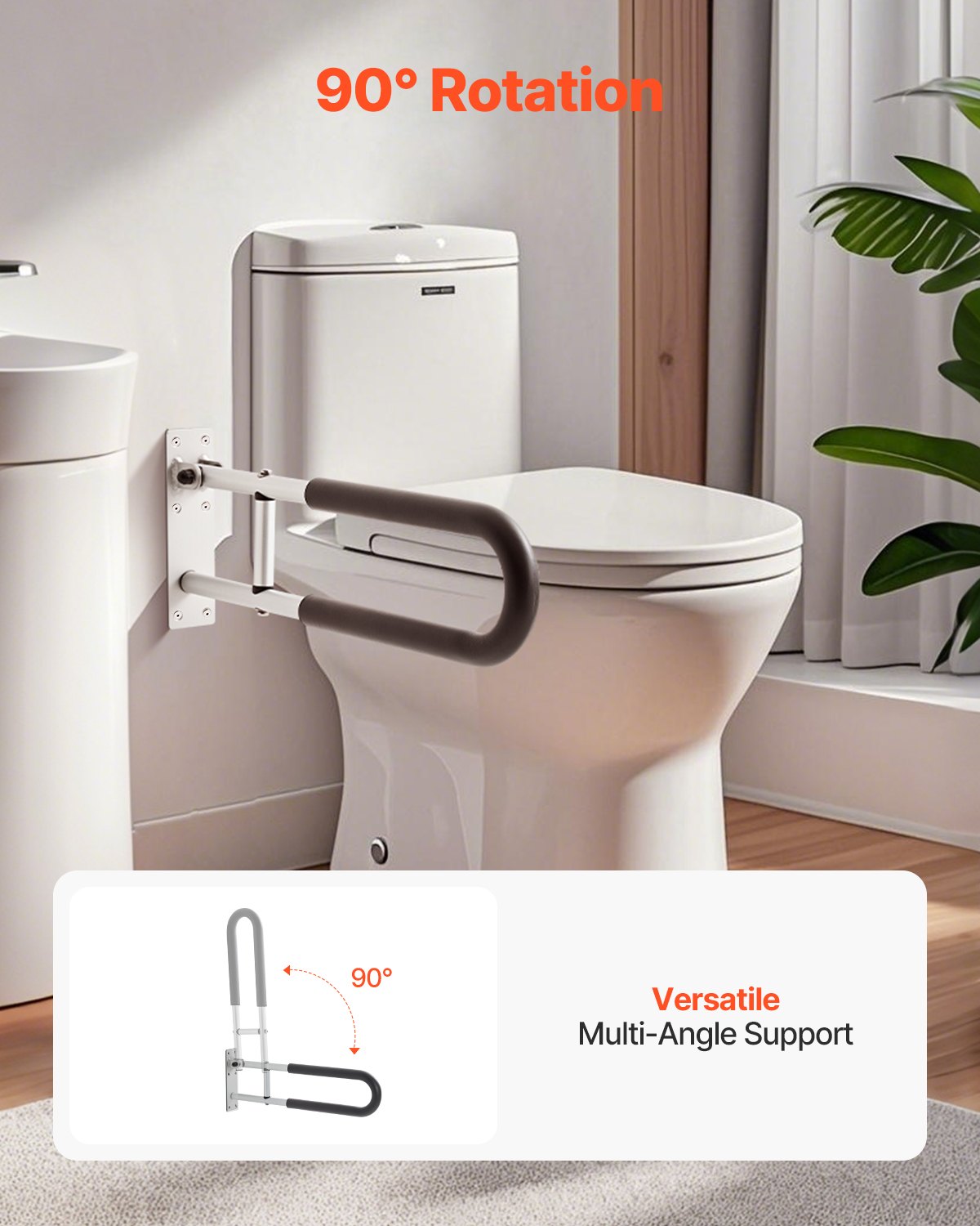VEVOR Toilet Safety Rail, 23.8 Inch U-Shaped Handicap Grab Bar, Foldable Senior Safety Pole, Flip Up Toilet Grab Bar with Anti-Slip Support Handle, 300 Lb Load Capacity for Elderly, Disabled, Pregnant