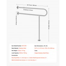 Toilet Safety Rail with Leg 31.5 In 300lb Load Capacity Stainless Steel Grab Bar