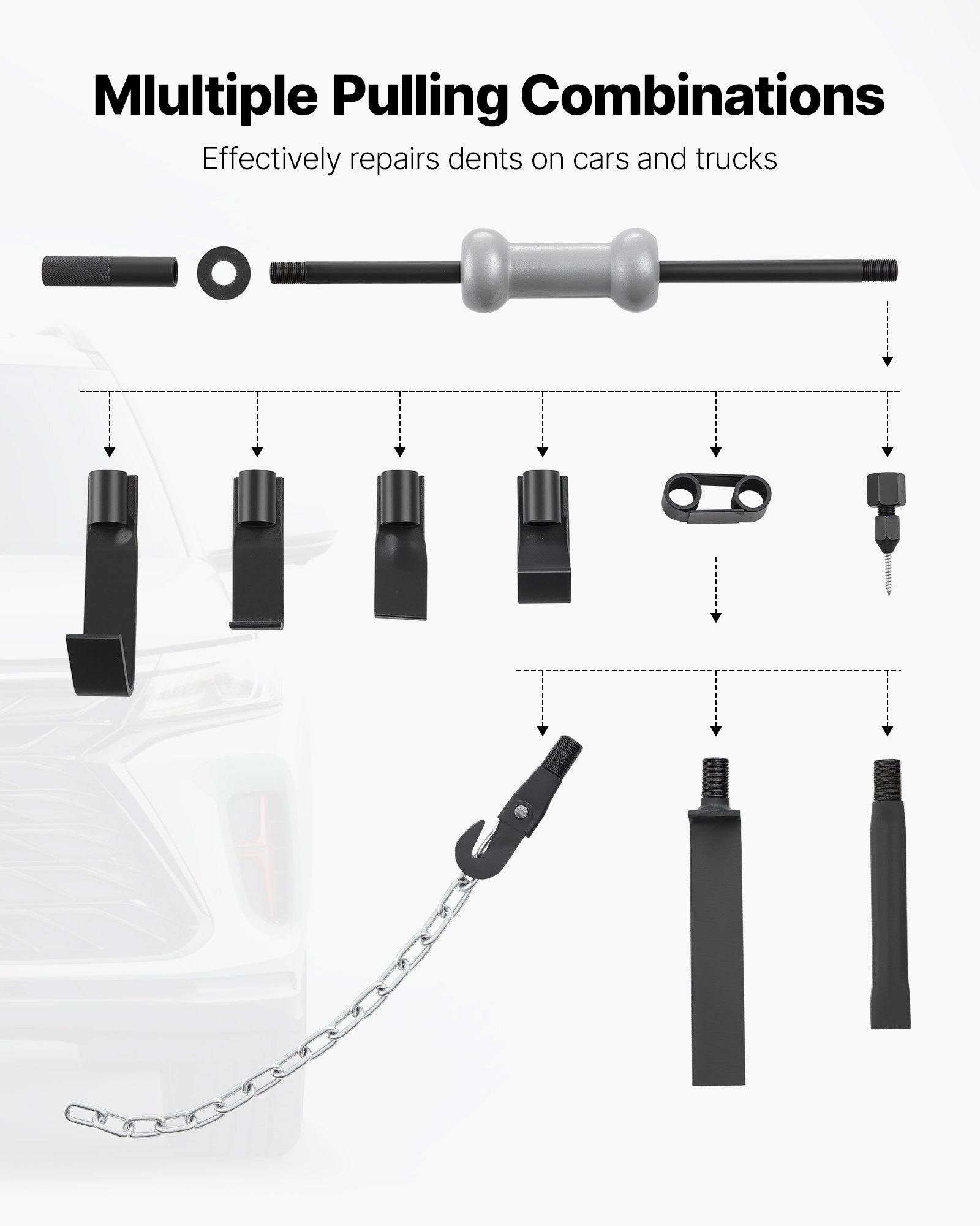 Kit extractor de abolladuras VEVOR, 4,5 kg (10 lbs), kit de eliminación de abolladuras con martillo deslizante 13 en 1, herramienta de reparación de daños automotrices de alta resistencia para carrocerías de automóviles y camiones, marco de reparación con estuche de transporte, varilla de extensión y mango antideslizante.