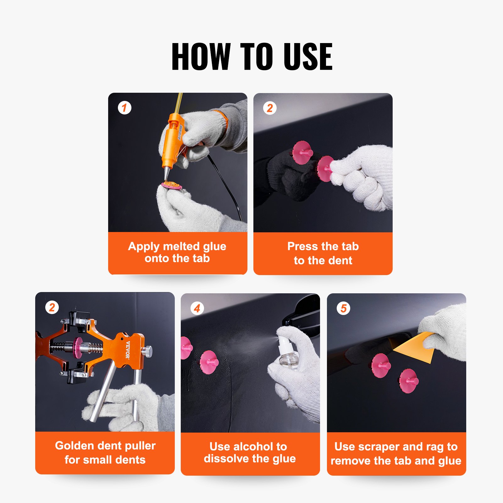 VEVOR 46 PCS Dent Removal Kit, Paintless Dent Repair Kit with Golden Dent Lifter, Hot Glue Gun and Glue Sticks, Car Dent Puller Kit for Auto Dent Removal, Small Hail Damage, Door Ding