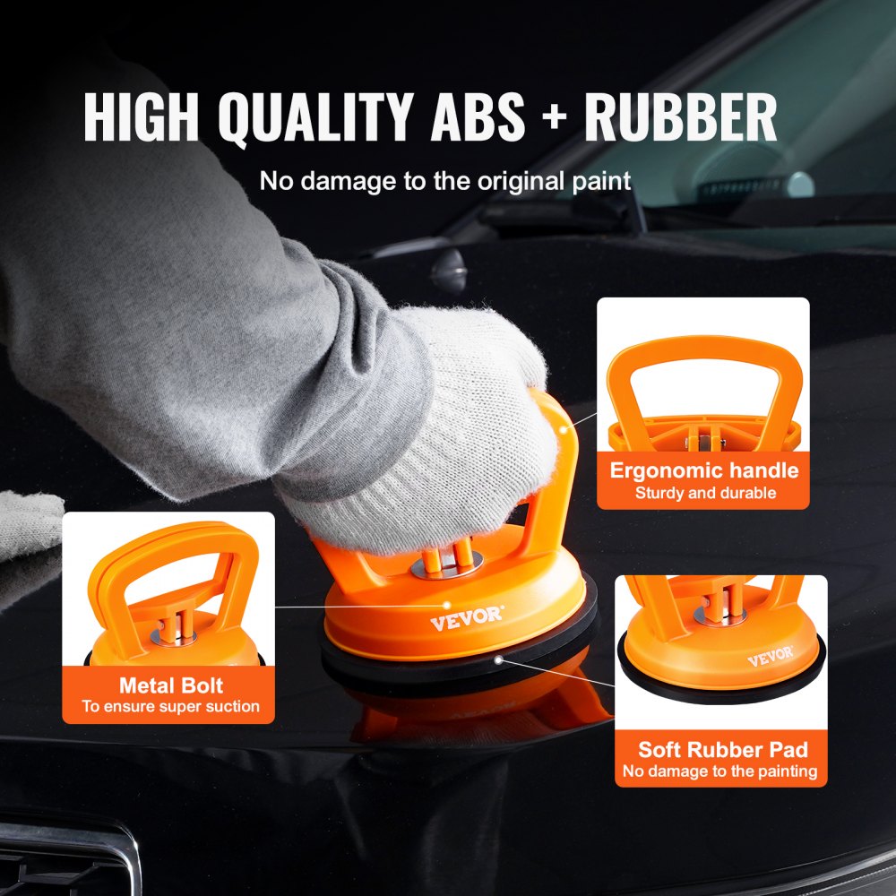 VEVOR dent removal kit showing ergonomic handle, metal bolt for suction, and soft rubber pad for paint protection.