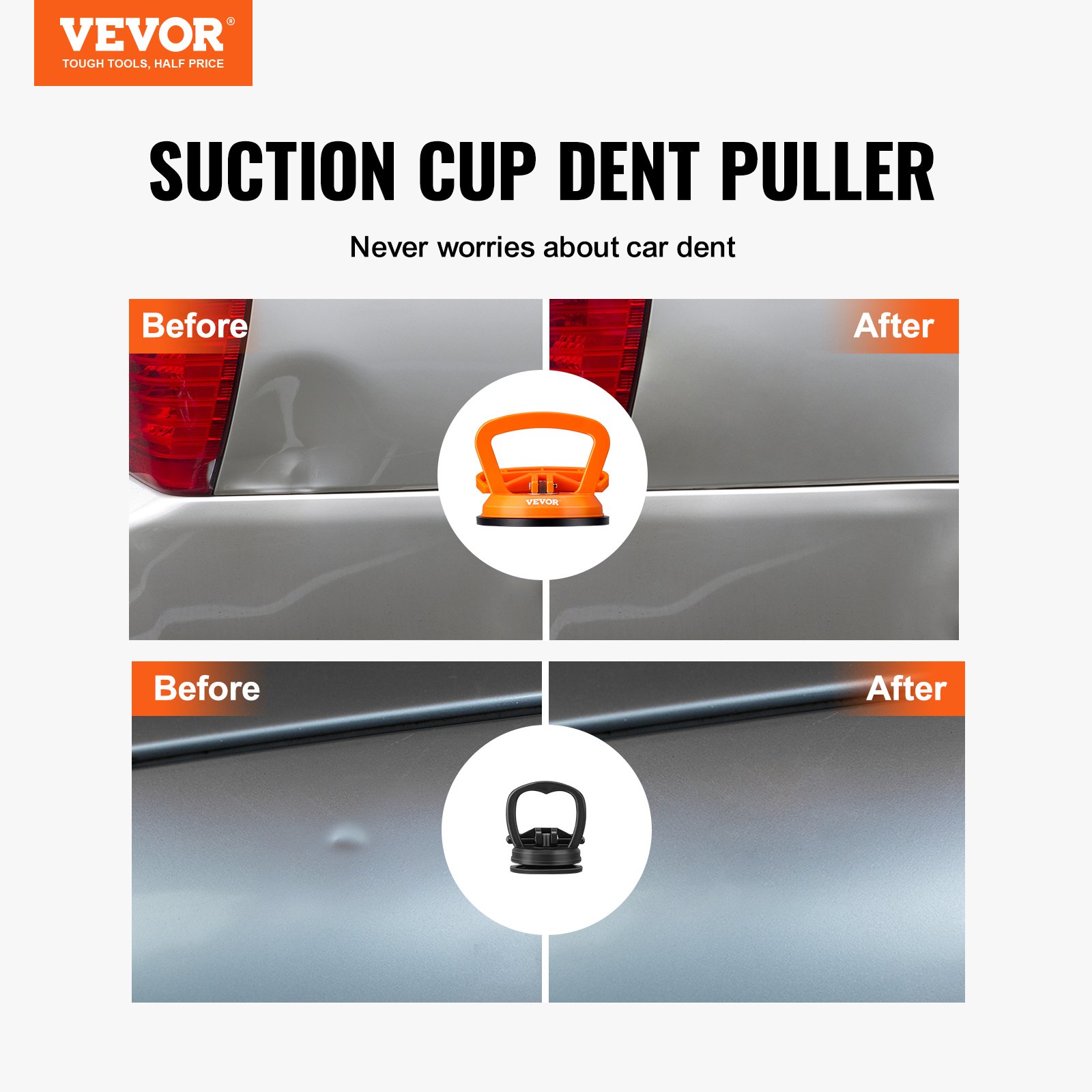 VEVOR dent removal kit before and after using the suction cup dent puller on a car bumper and door.