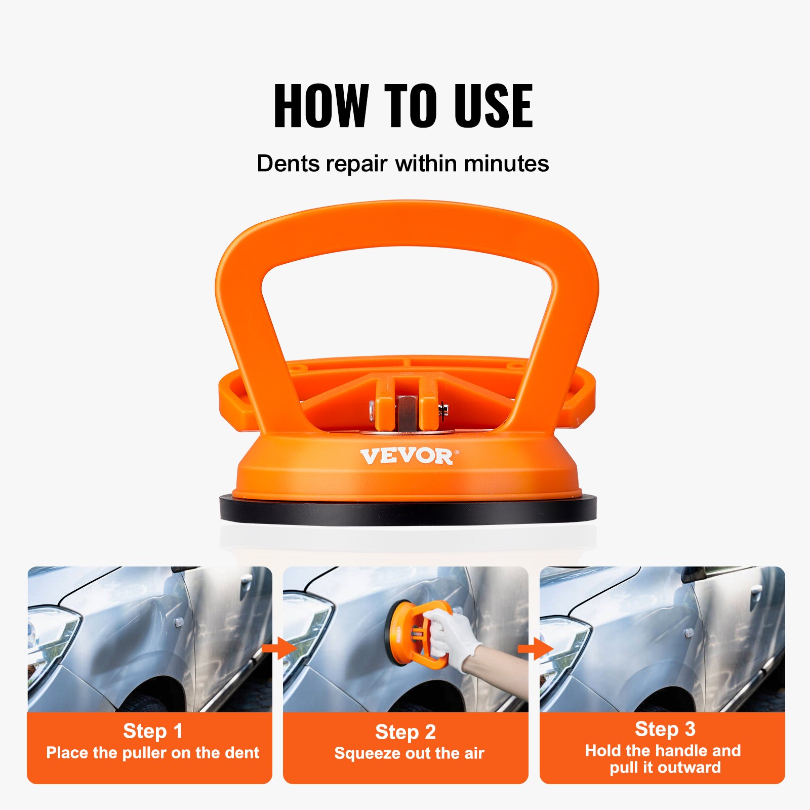 VEVOR dent removal kit illustration showing steps to repair car dents in minutes.