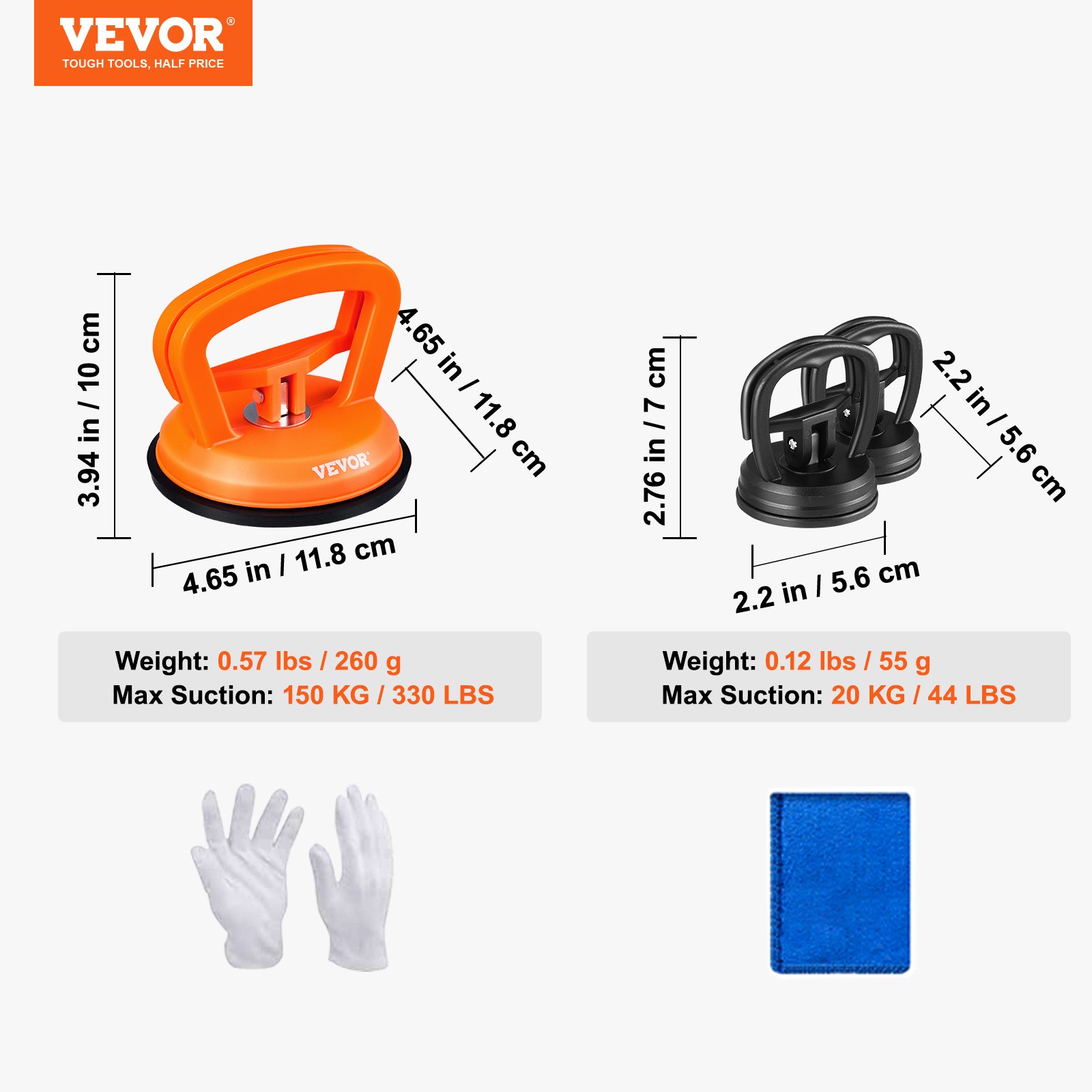 VEVOR dent removal kit with suction cups, gloves, and cloth; dimensions and weights detailed.