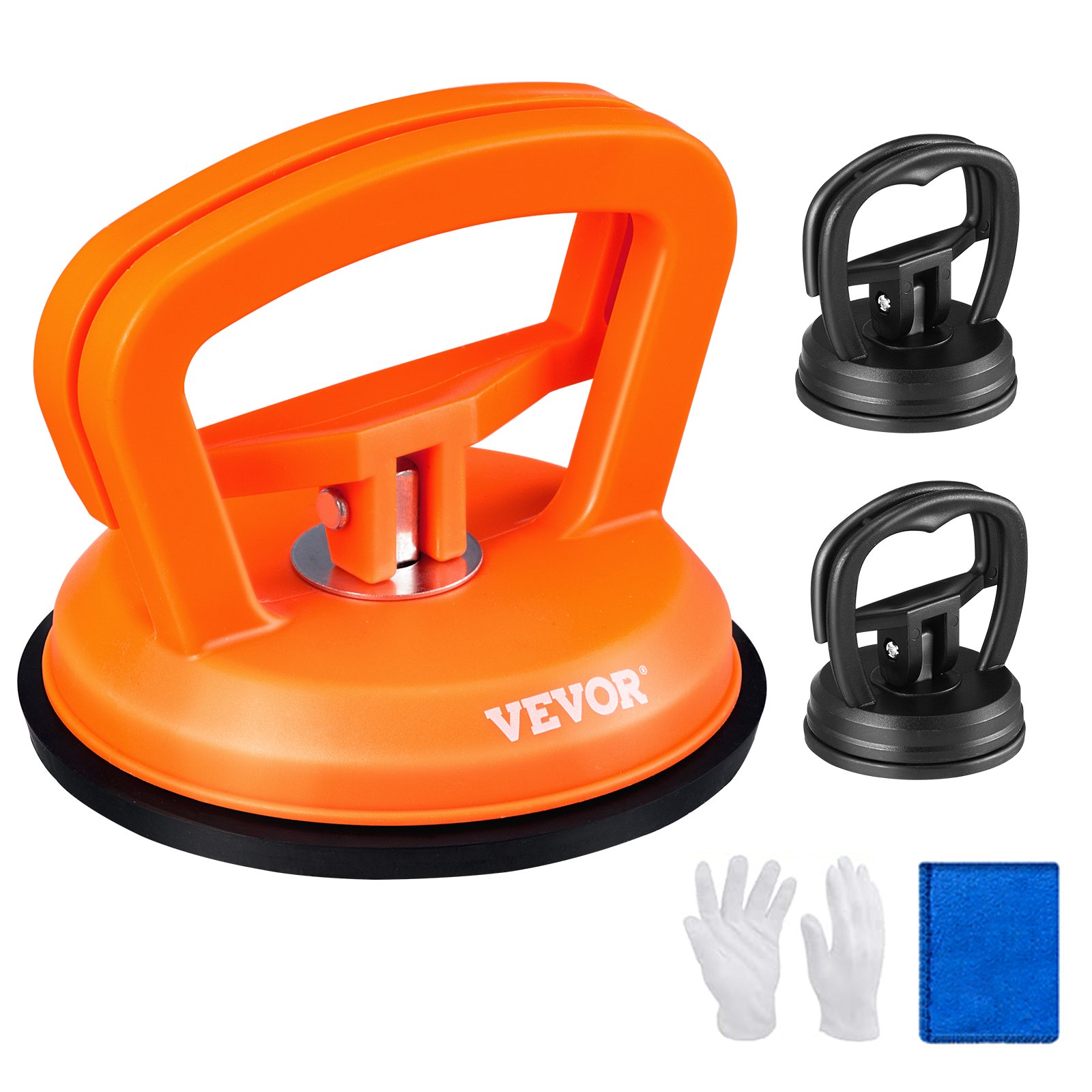 VEVOR dent removal kit with orange and black suction cups, gloves, and microfiber cloth.