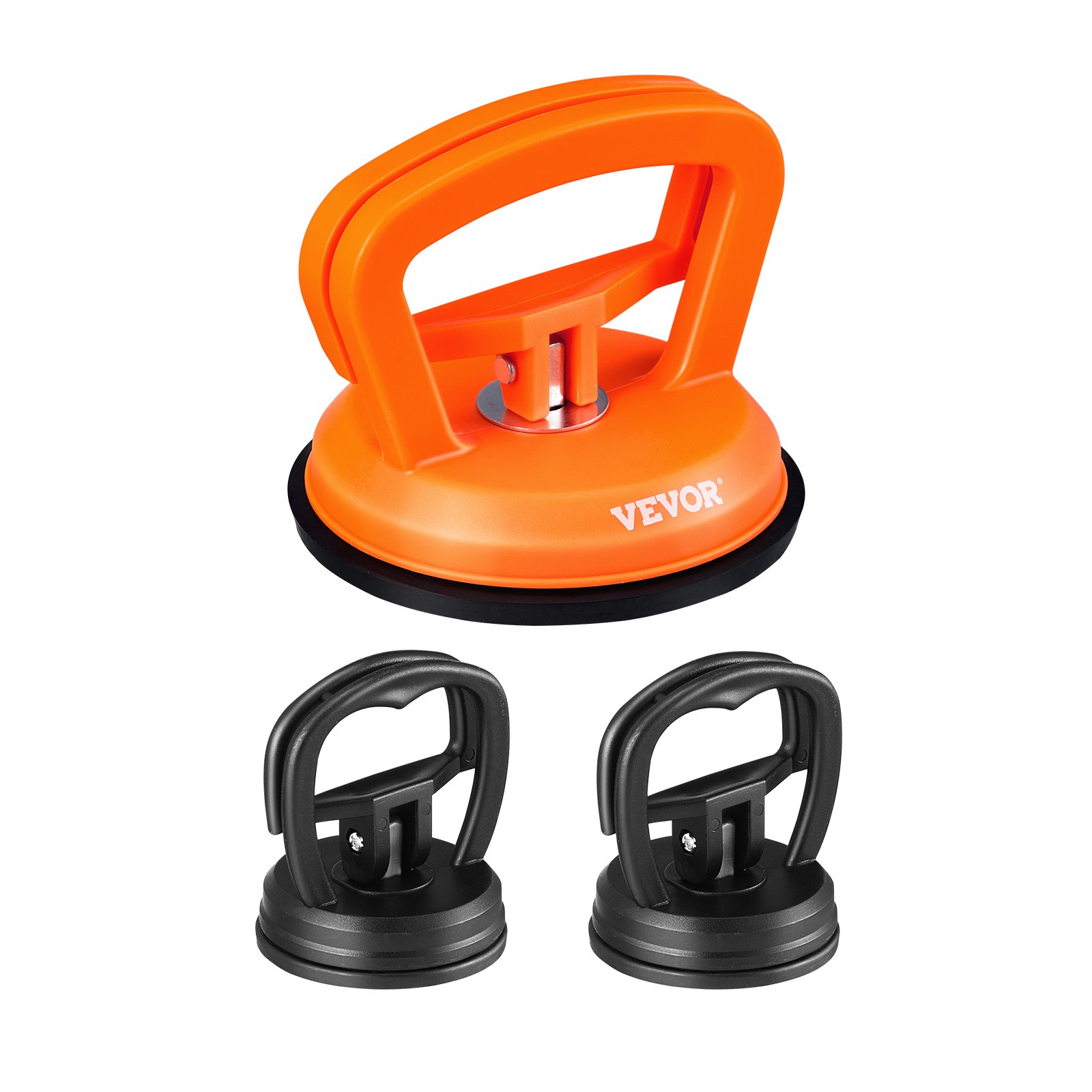 orange and black VEVOR dent removal kit with one large and two small suction cup tools.