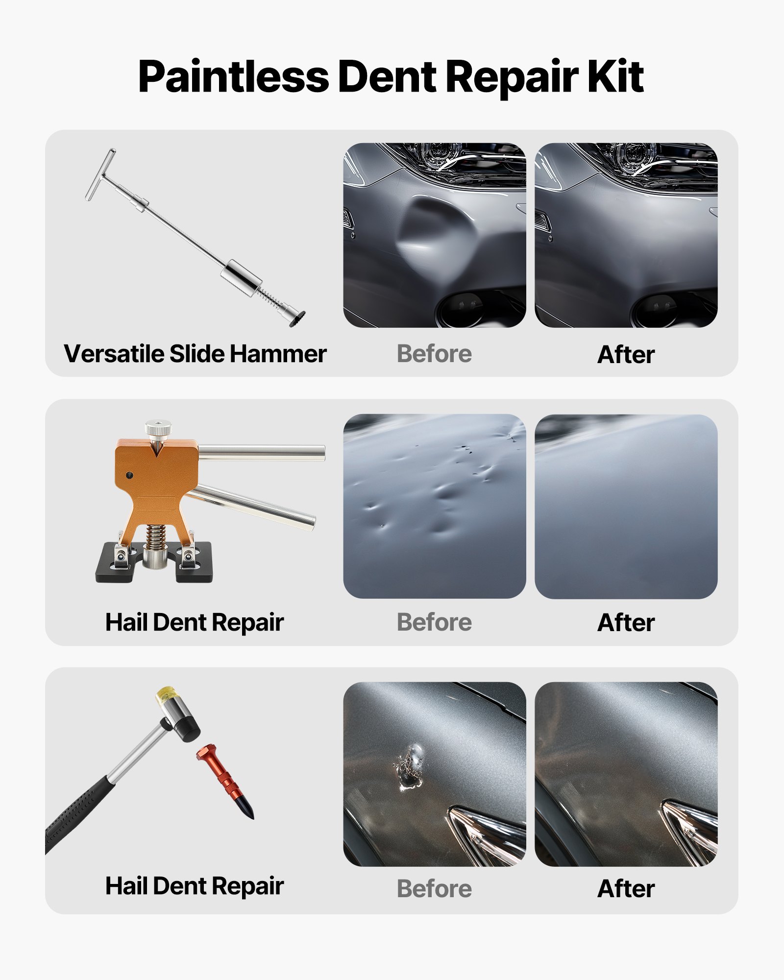 VEVOR Dent Puller Kit, 61 PCS Paintless Dent Removal Kit with Golden Lifter, Slide Hammer T-Bar, Glue Gun, Auto Body Hail Damage Repair Remover Tools for Car Refrigerator Large Small Door Ding Repair