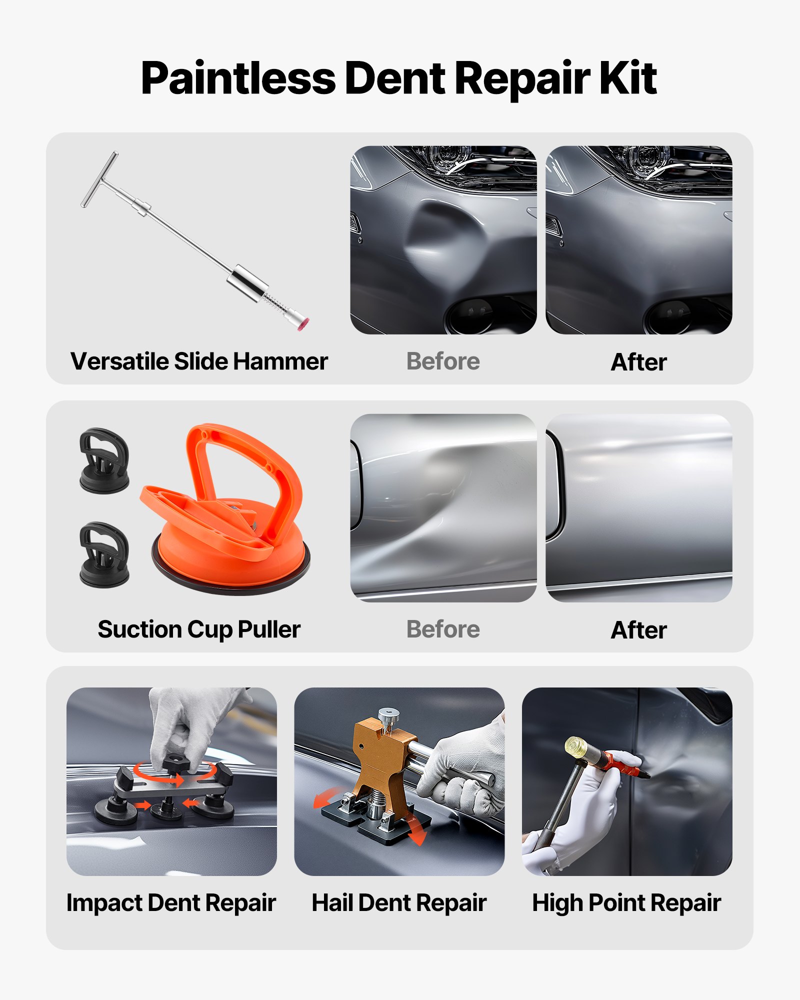 VEVOR Dent Puller Kit, 100 PCS Paintless Dent Removal Kit with Golden Lifter, Bridge Puller, Slide Hammer T-Bar, Glue Gun, Auto Body Hail Damage Remover Tools for Car Refrigerator Door Ding Repair