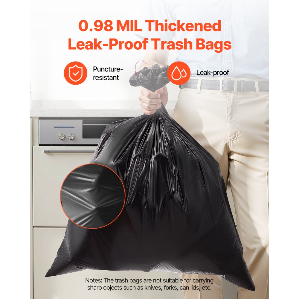 VEVOR Drawstring Trash Bags, 30 Gallon 50 Count Tall Kitchen Trash Bags, Extra Thick Tough and Durable Garbage Bag, Recyclable Bin Bag with Drawstrings, for Home Kitchen, Office, RV & Camping (Black)