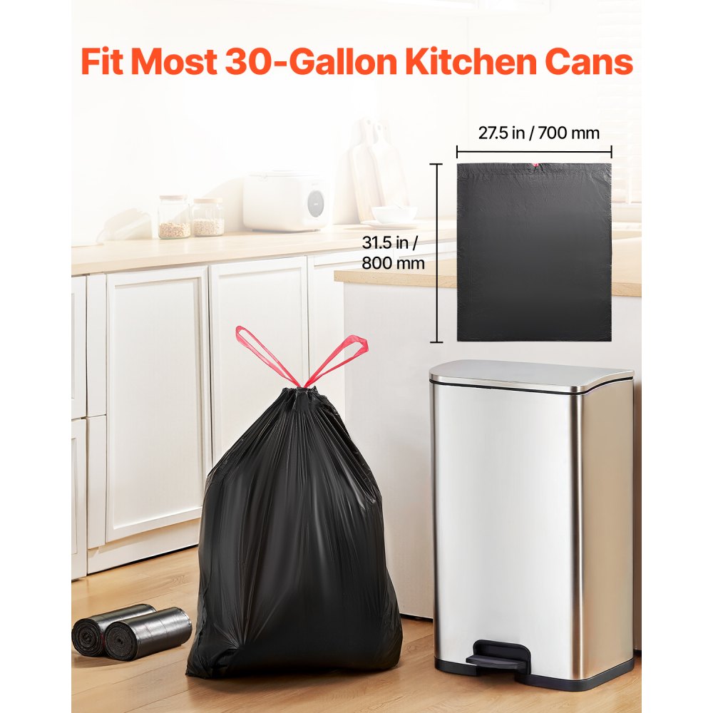 VEVOR Drawstring Trash Bags, 30 Gallon 50 Count Tall Kitchen Trash Bags, Extra Thick Tough and Durable Garbage Bag, Recyclable Bin Bag with Drawstrings, for Home Kitchen, Office, RV & Camping (Black)