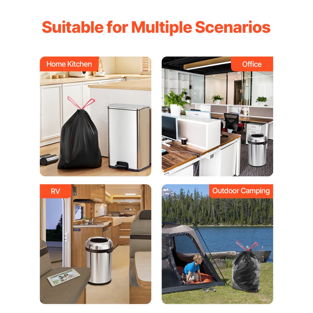 VEVOR Drawstring Trash Bags, 30 Gallon 50 Count Tall Kitchen Trash Bags, Extra Thick Tough and Durable Garbage Bag, Recyclable Bin Bag with Drawstrings, for Home Kitchen, Office, RV & Camping (Black)