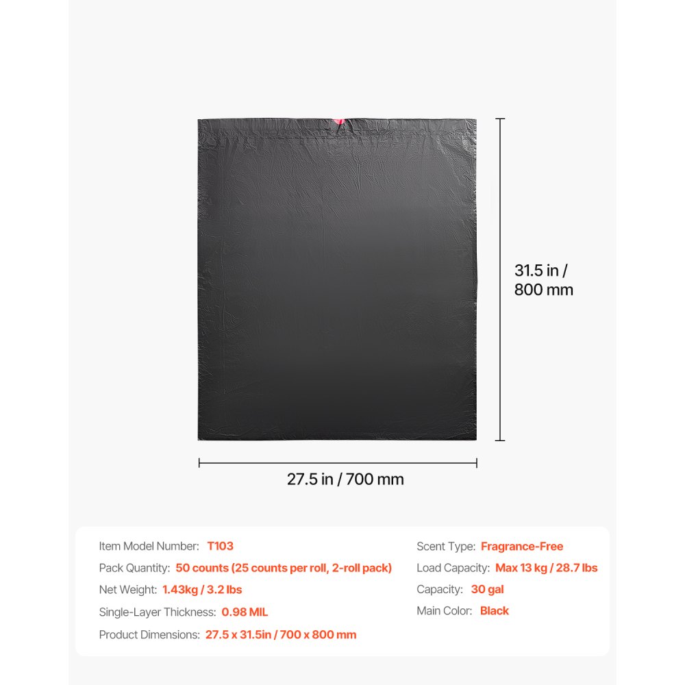 VEVOR Drawstring Trash Bags, 30 Gallon 50 Count Tall Kitchen Trash Bags, Extra Thick Tough and Durable Garbage Bag, Recyclable Bin Bag with Drawstrings, for Home Kitchen, Office, RV & Camping (Black)