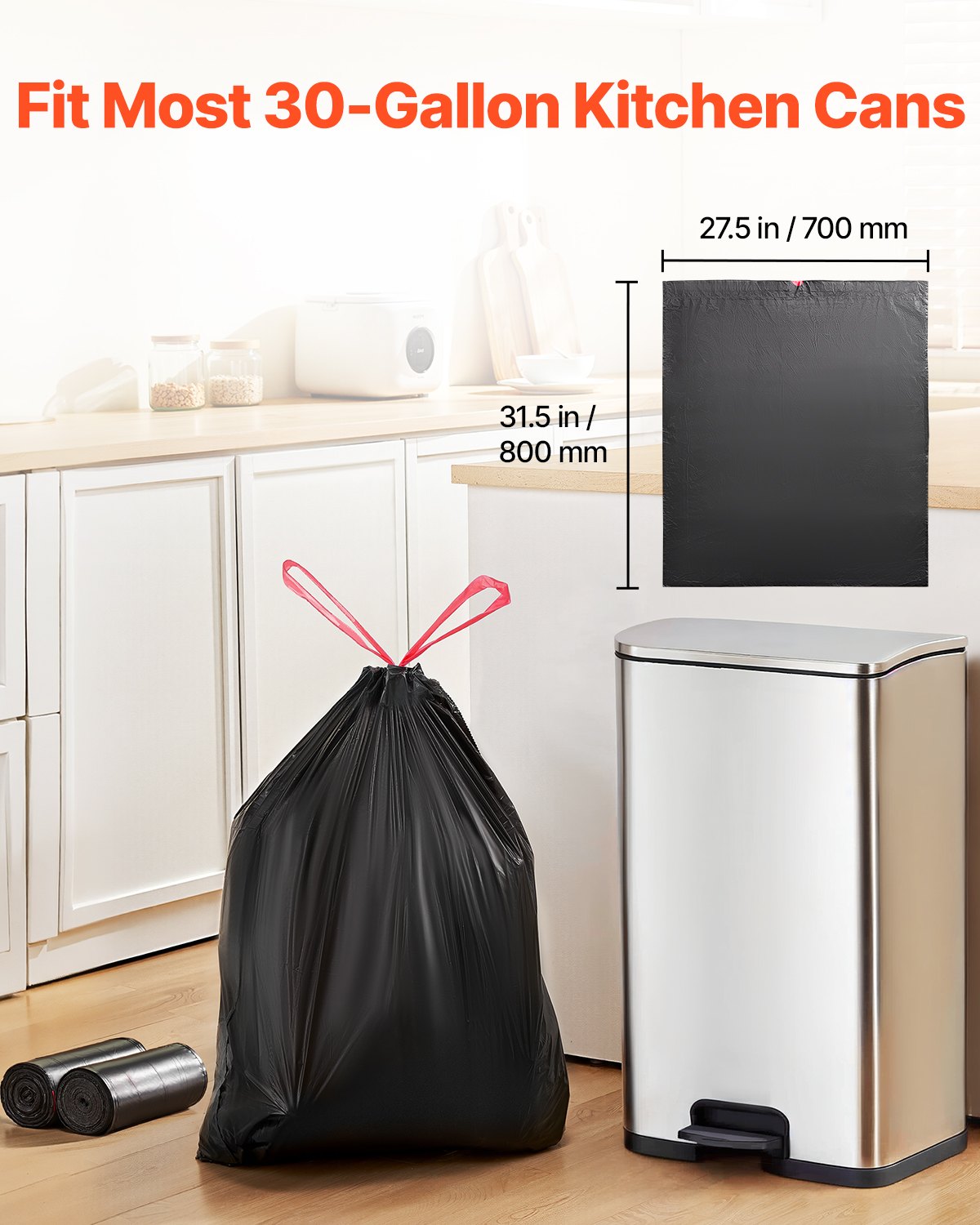 VEVOR Drawstring Trash Bags, 30 Gallon 50 Count Tall Kitchen Trash Bags, Extra Thick Tough and Durable Garbage Bag, Recyclable Bin Bag with Drawstrings, for Home Kitchen, Office, RV & Camping (Black)