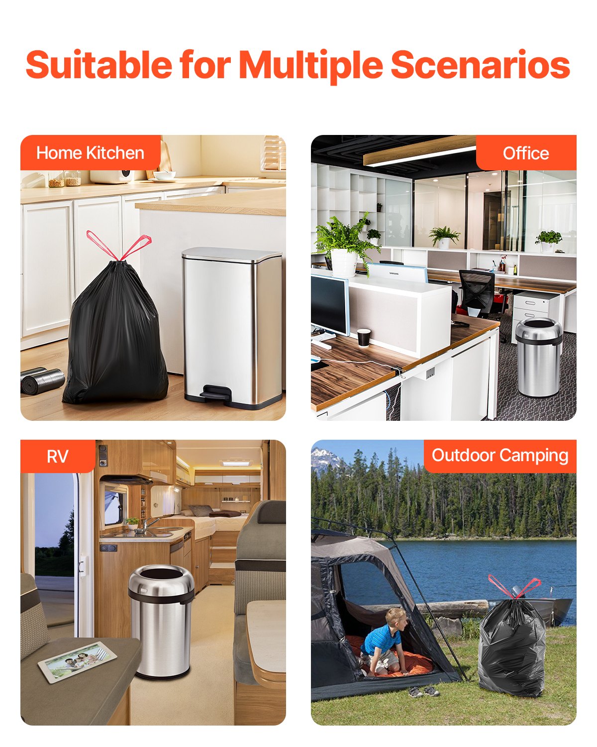 VEVOR Drawstring Trash Bags, 30 Gallon 50 Count Tall Kitchen Trash Bags, Extra Thick Tough and Durable Garbage Bag, Recyclable Bin Bag with Drawstrings, for Home Kitchen, Office, RV & Camping (Black)