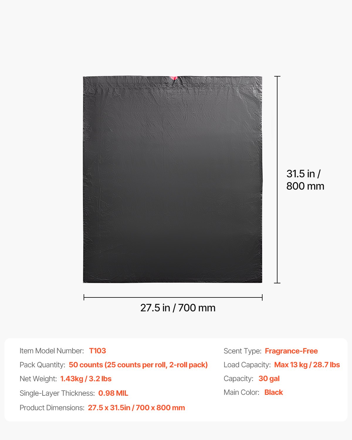 VEVOR Drawstring Trash Bags, 30 Gallon 50 Count Tall Kitchen Trash Bags, Extra Thick Tough and Durable Garbage Bag, Recyclable Bin Bag with Drawstrings, for Home Kitchen, Office, RV & Camping (Black)