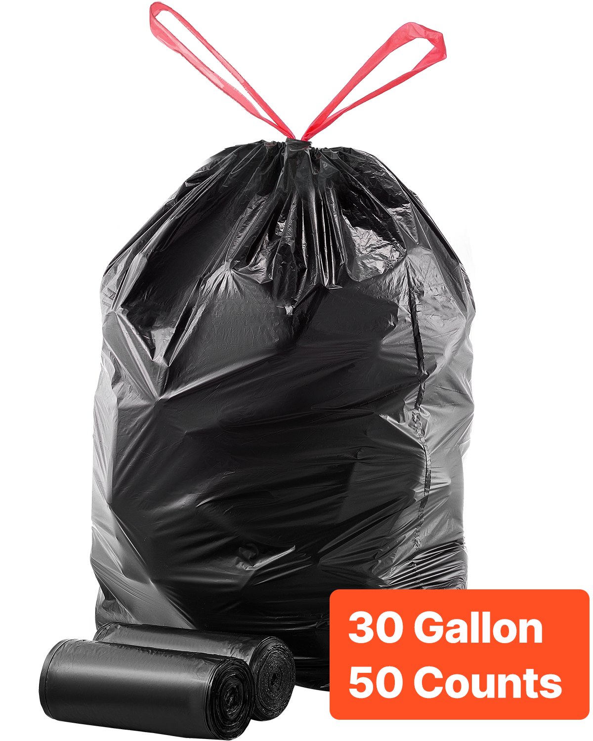 VEVOR Drawstring Trash Bags, 30 Gallon 50 Count Tall Kitchen Trash Bags, Extra Thick Tough and Durable Garbage Bag, Recyclable Bin Bag with Drawstrings, for Home Kitchen, Office, RV & Camping (Black)