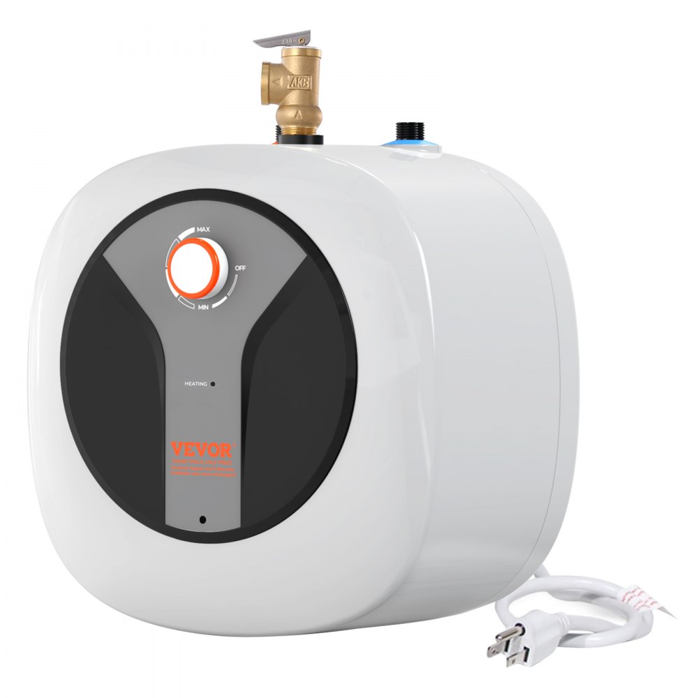 VEVOR electric mini-tank water heater with adjustable temperature dial and power cord.