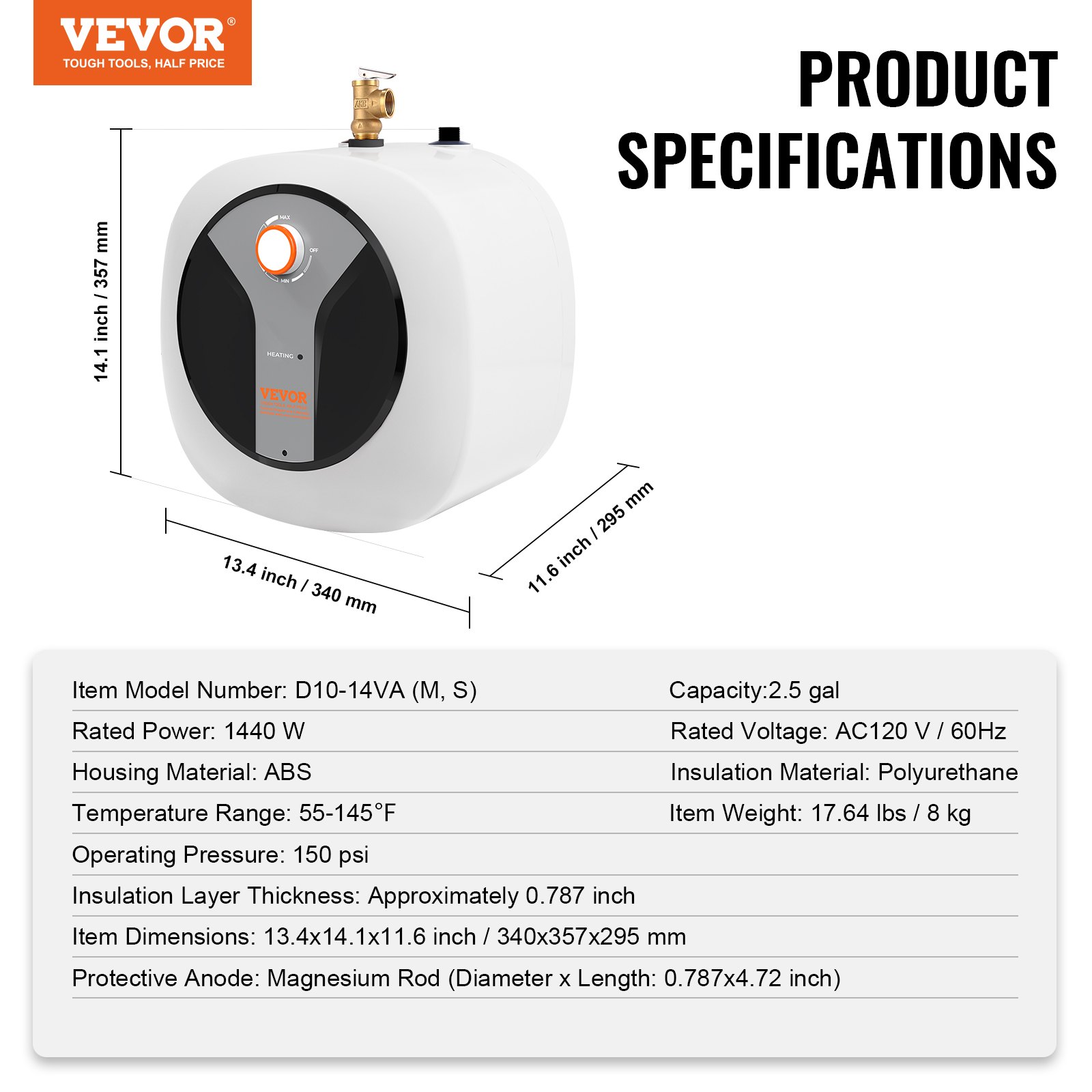 VEVOR Electric Mini-Tank Water Heater 2.5-Gallon Tank, 1440W Hot Water Boiler Storage, Safety Temperature Pressure Valve Easy Install, for Kichen Bathroom Restaurant, Shelf Wall Floor Mounted