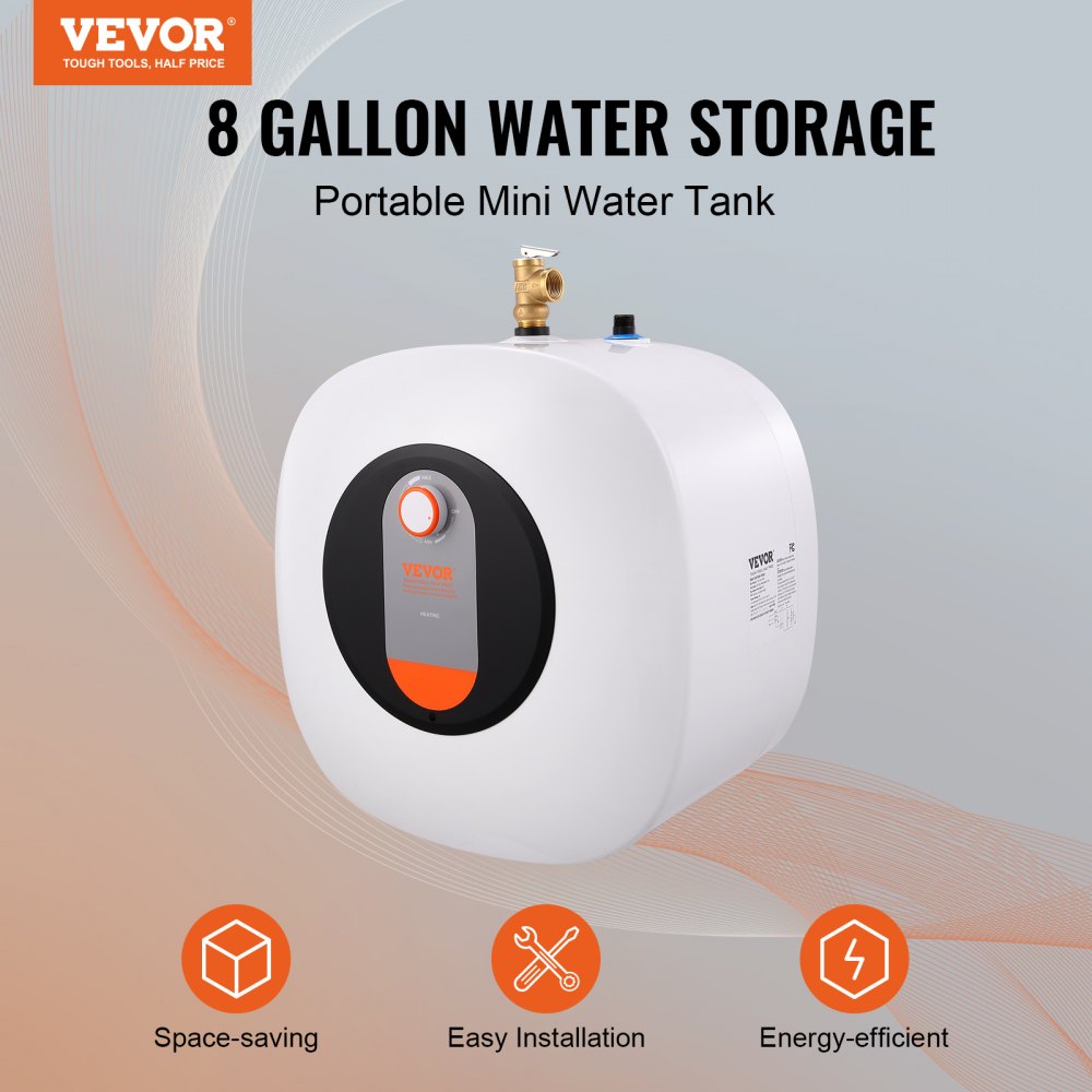 VEVOR Electric Mini-Tank Water Heater, 8-Gallon Tank Hot Water Boiler Storage, 1400W Power, Safety Temperature Pressure Valve Easy Install, for