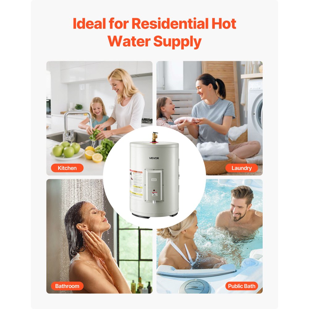 VEVOR 12 Gallon Electric Tank Water Heater, 1600W Point-of-Use Hot Water Heater with LED Display, Knob Control, Side Outlet, 120V Storage Design with T&P Valve for Small Apartments & Studios, Gray