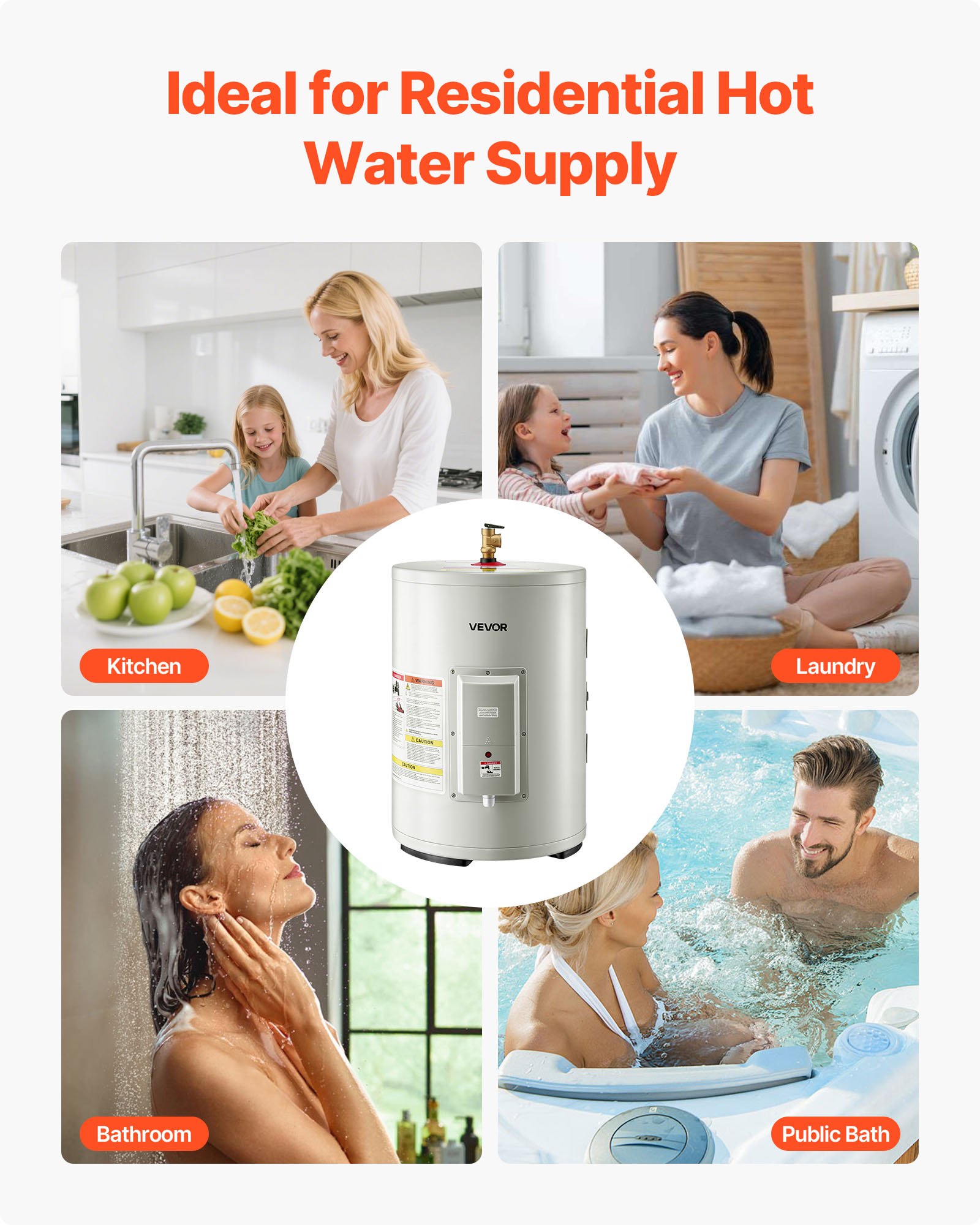 VEVOR 12 Gallon Electric Tank Water Heater, 1600W Point-of-Use Hot Water Heater with LED Display, Knob Control, Side Outlet, 120V Storage Design with T&P Valve for Small Apartments & Studios, Gray