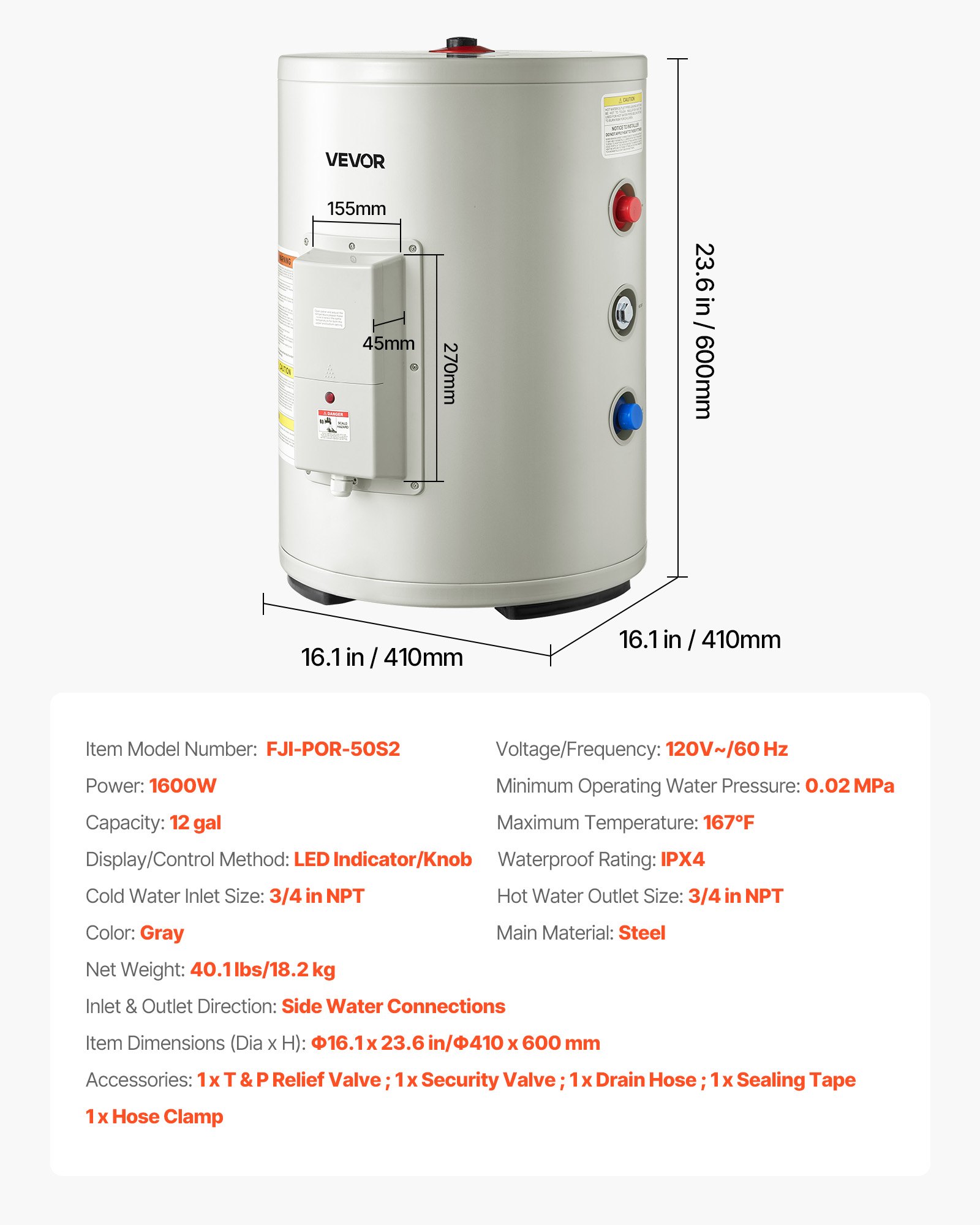 VEVOR 12 Gallon Electric Tank Water Heater, 1600W Point-of-Use Hot Water Heater with LED Display, Knob Control, Side Outlet, 120V Storage Design with T&P Valve for Small Apartments & Studios, Gray