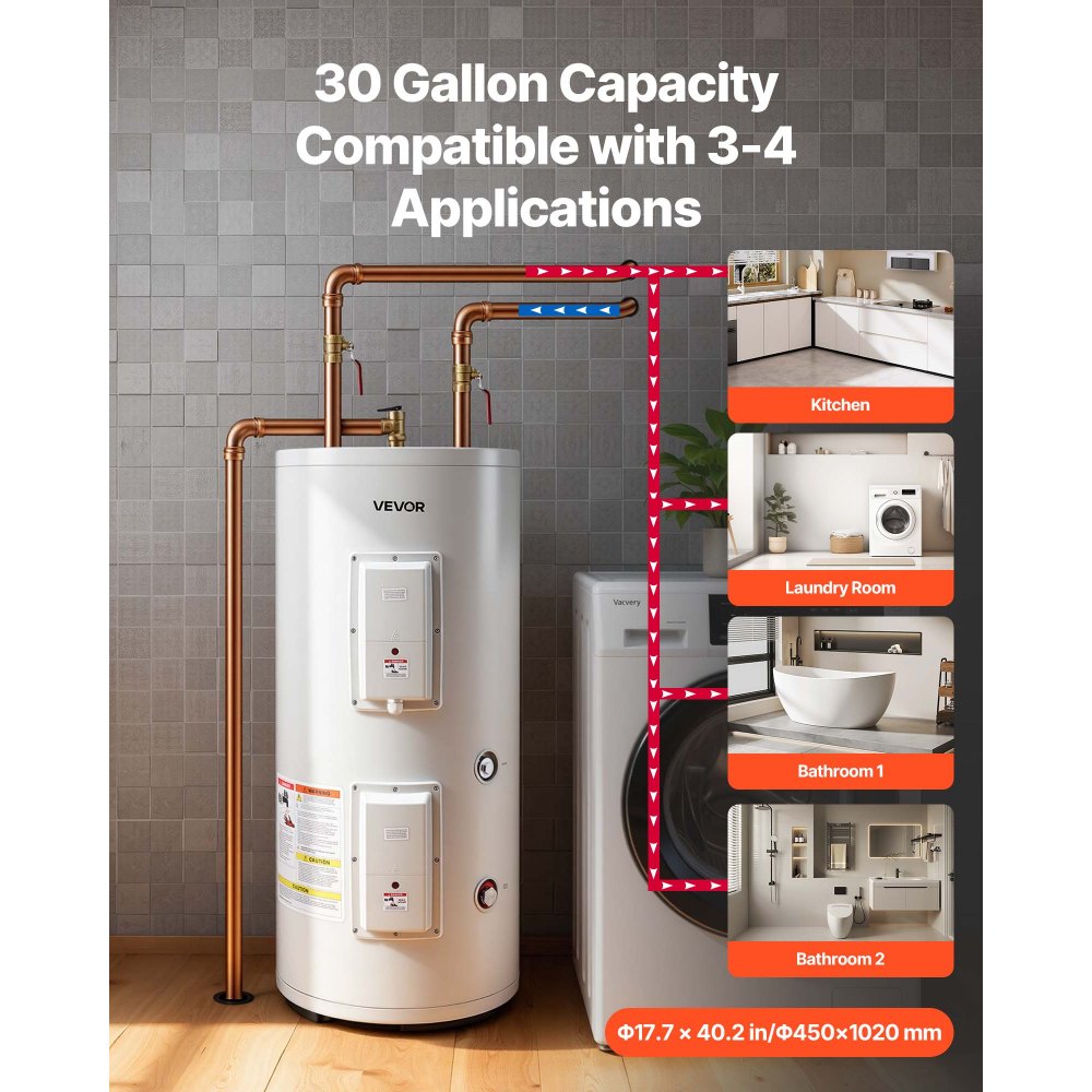 VEVOR 30 Gallon Electric Tank Water Heater, 5000W Point-of-Use Hot Water Heater with LED Display, Knob Control, Top Outlet, 240V with T&P Valve for Large Families, Small Commercial Spaces, Gray