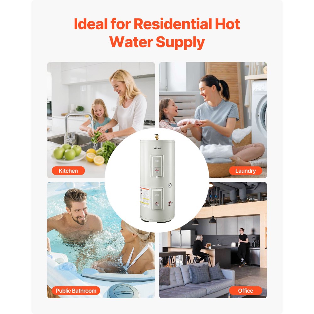 VEVOR 30 Gallon Electric Tank Water Heater, 5000W Point-of-Use Hot Water Heater with LED Display, Knob Control, Top Outlet, 240V with T&P Valve for Large Families, Small Commercial Spaces, Gray