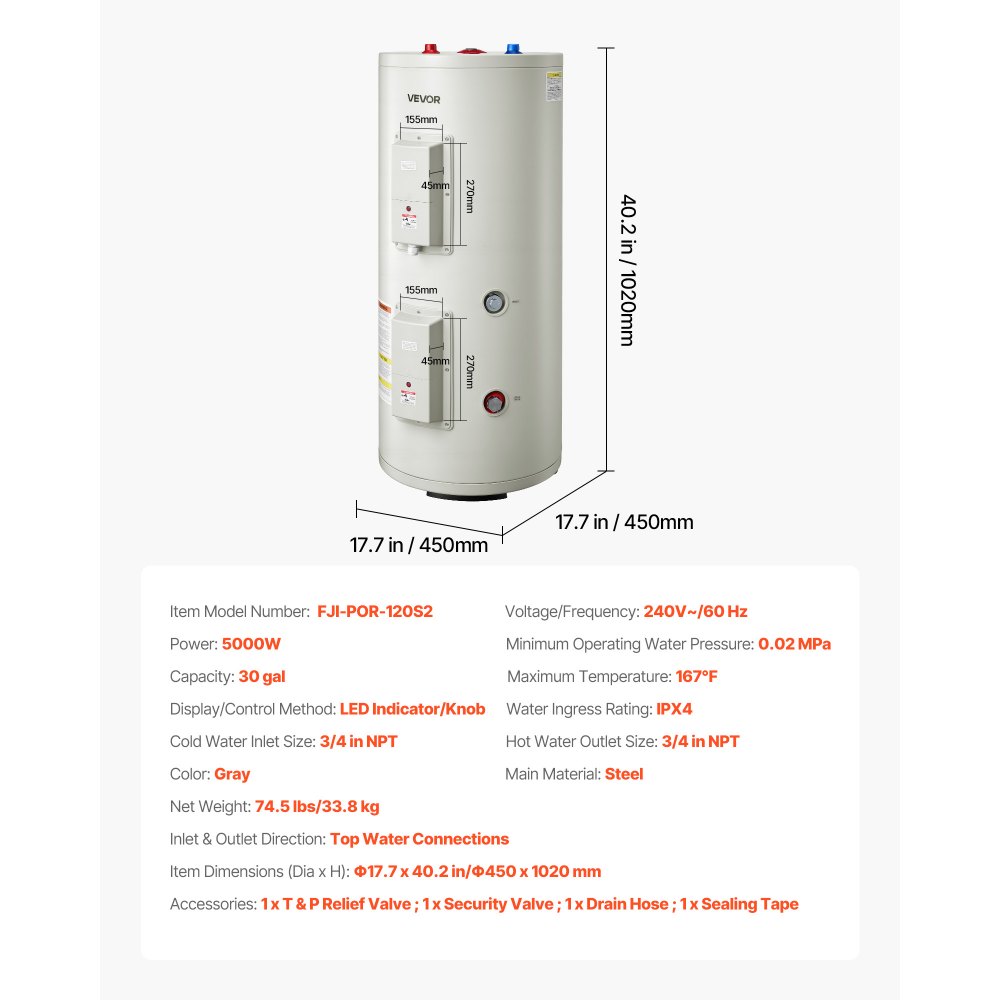 VEVOR 30 Gallon Electric Tank Water Heater, 5000W Point-of-Use Hot Water Heater with LED Display, Knob Control, Top Outlet, 240V with T&P Valve for Large Families, Small Commercial Spaces, Gray