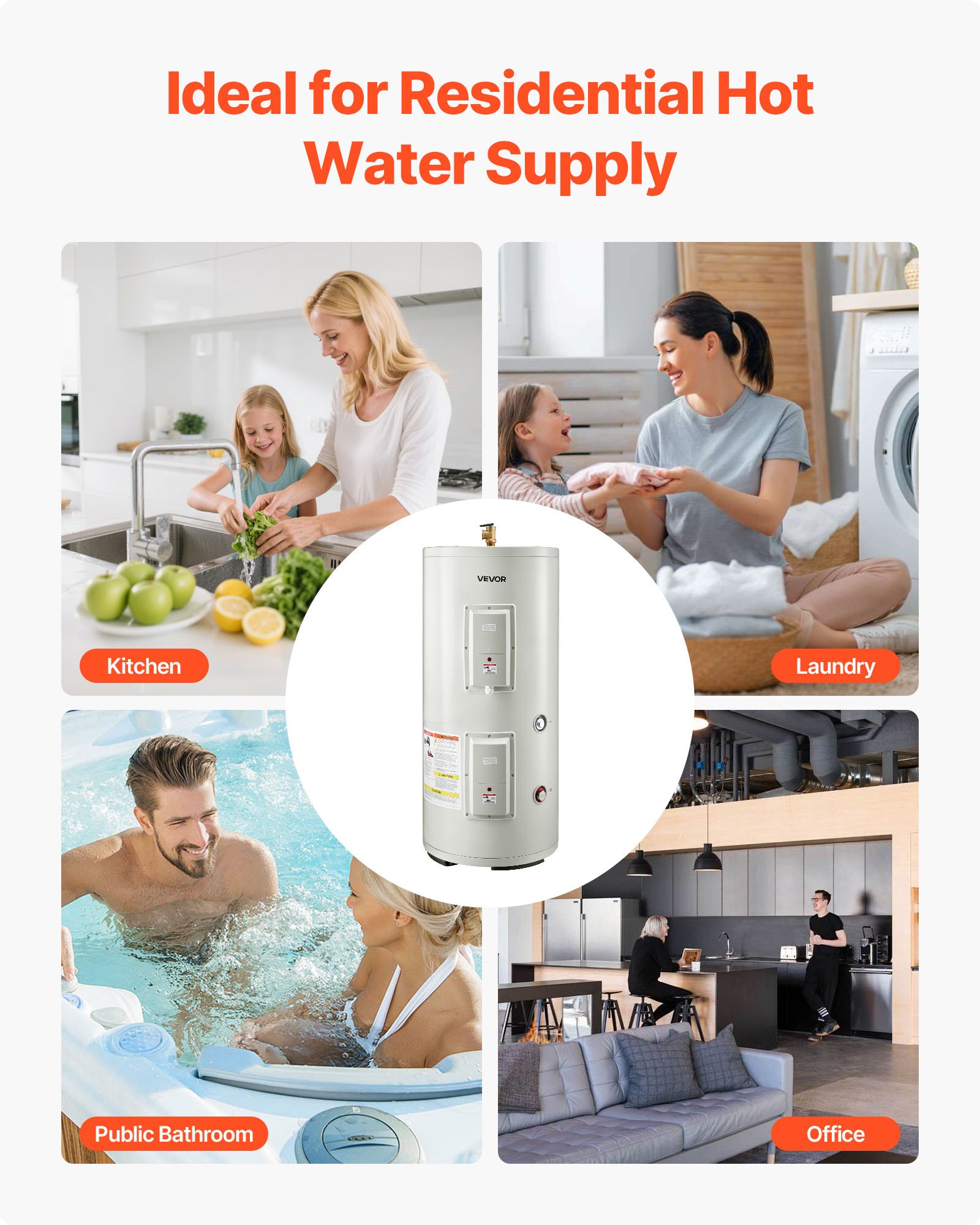 VEVOR 30 Gallon Electric Tank Water Heater, 5000W Point-of-Use Hot Water Heater with LED Display, Knob Control, Top Outlet, 240V with T&P Valve for Large Families, Small Commercial Spaces, Gray