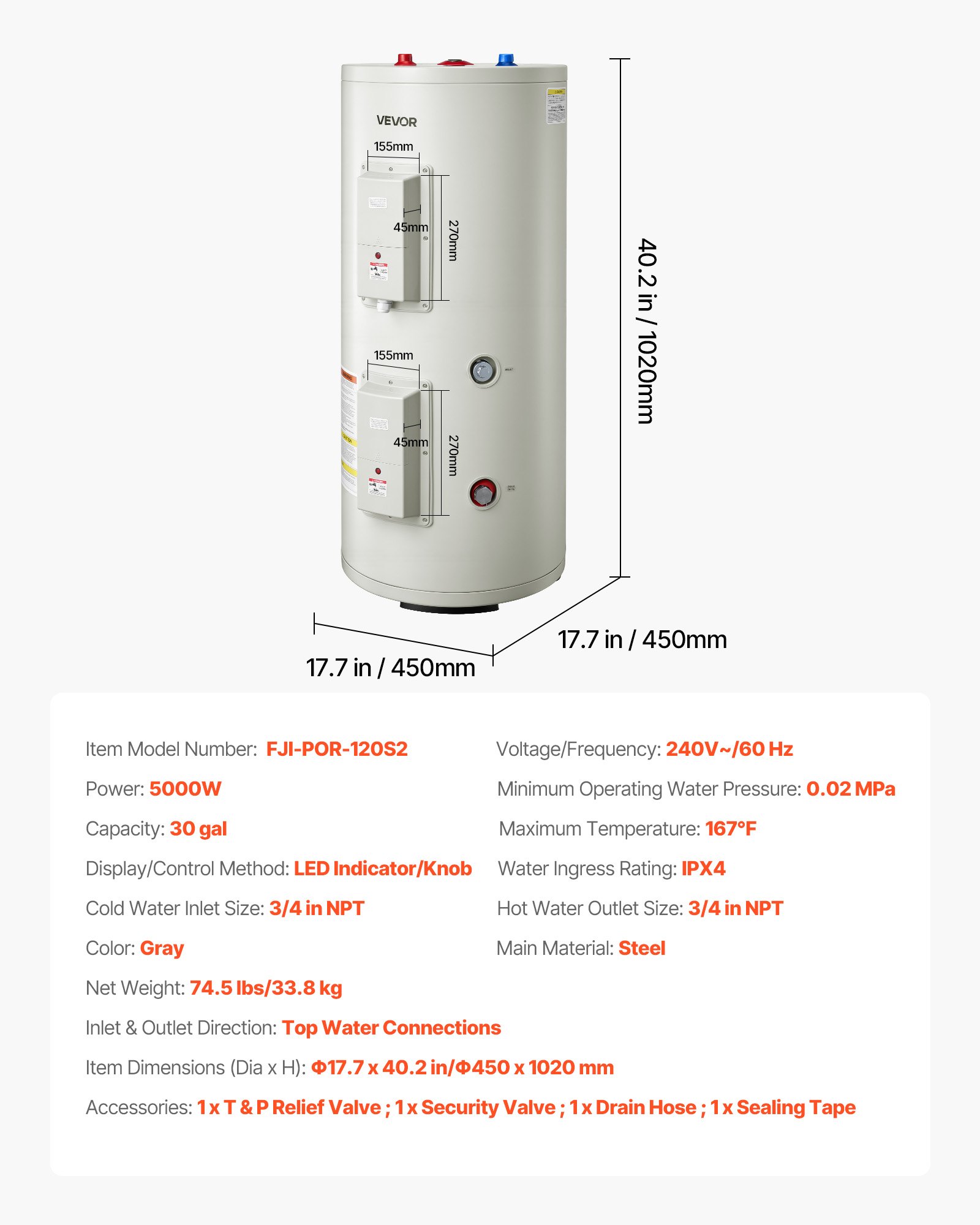 VEVOR 30 Gallon Electric Tank Water Heater, 5000W Point-of-Use Hot Water Heater with LED Display, Knob Control, Top Outlet, 240V with T&P Valve for Large Families, Small Commercial Spaces, Gray