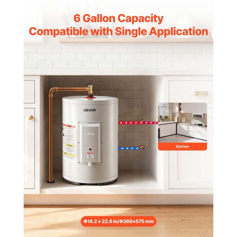 VEVOR 6 Gallon Electric Tank Water Heater, 1600W Point-of-Use Hot Water Heater with LED Display, Knob Control, Top Outlet, 120V Storage Design with T&P Valve for Studio Apartments, RVs, Gray