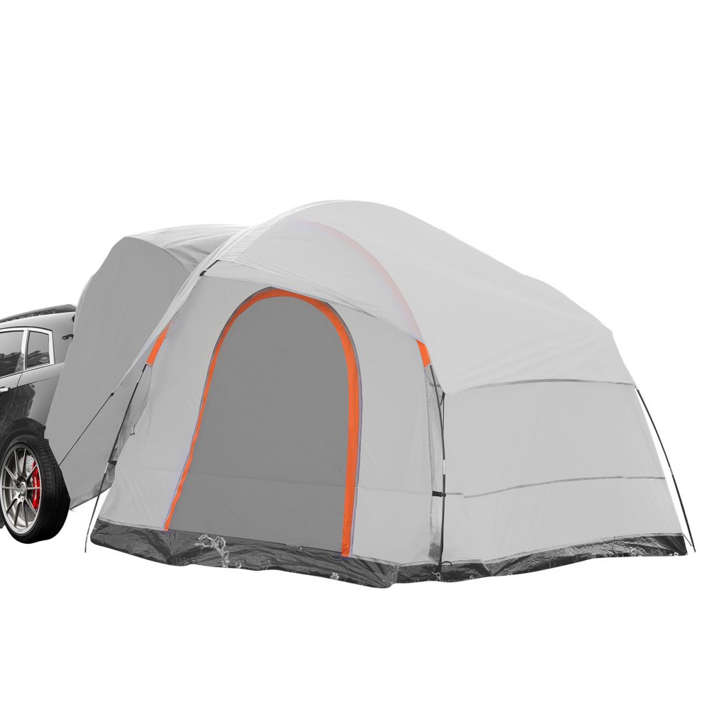 VEVOR suv camping tent with attached canopy, gray fabric, orange trim, connected to a silver suv.